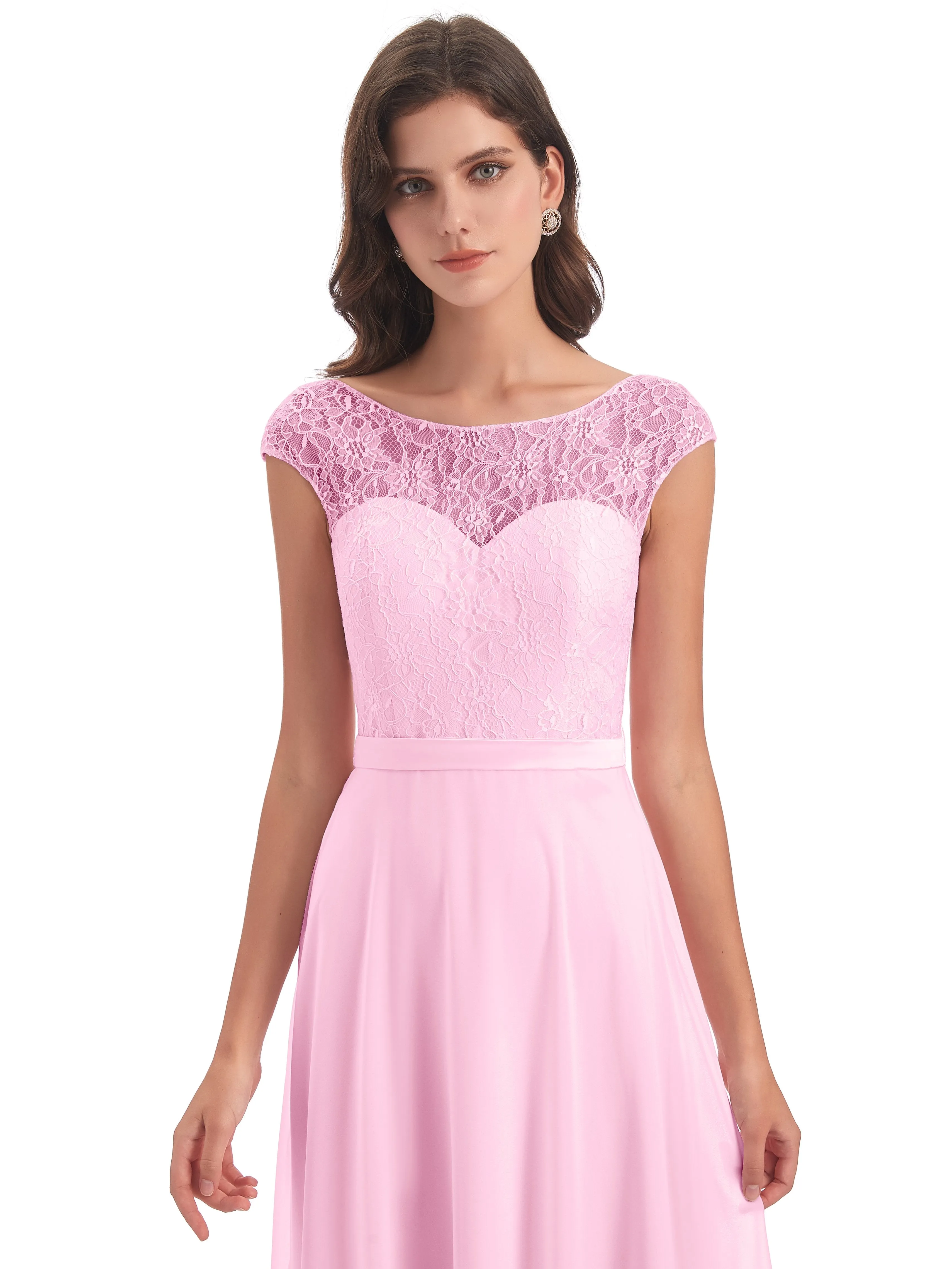 Anna Elegant Lace Cap Sleeves Long Bridesmaid Dresses