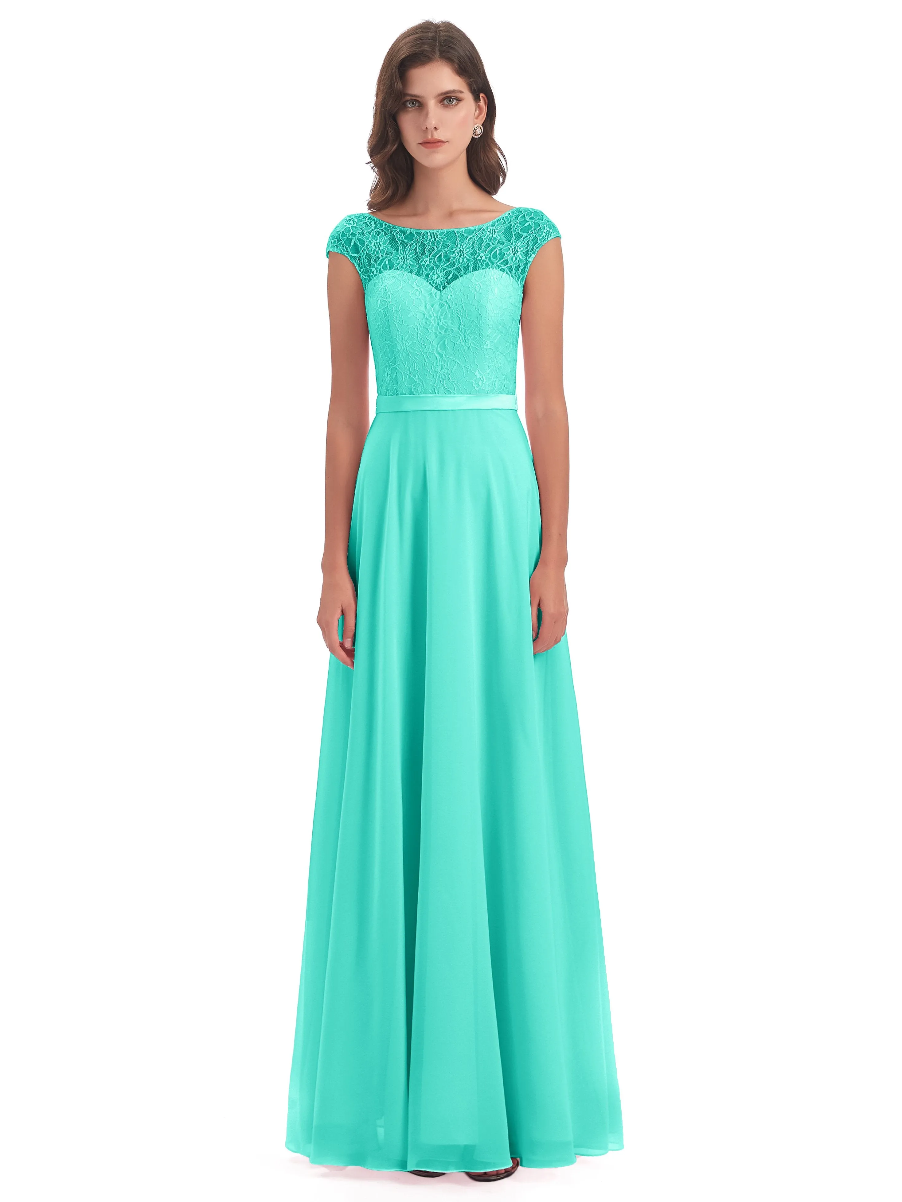 Anna Elegant Lace Cap Sleeves Long Bridesmaid Dresses