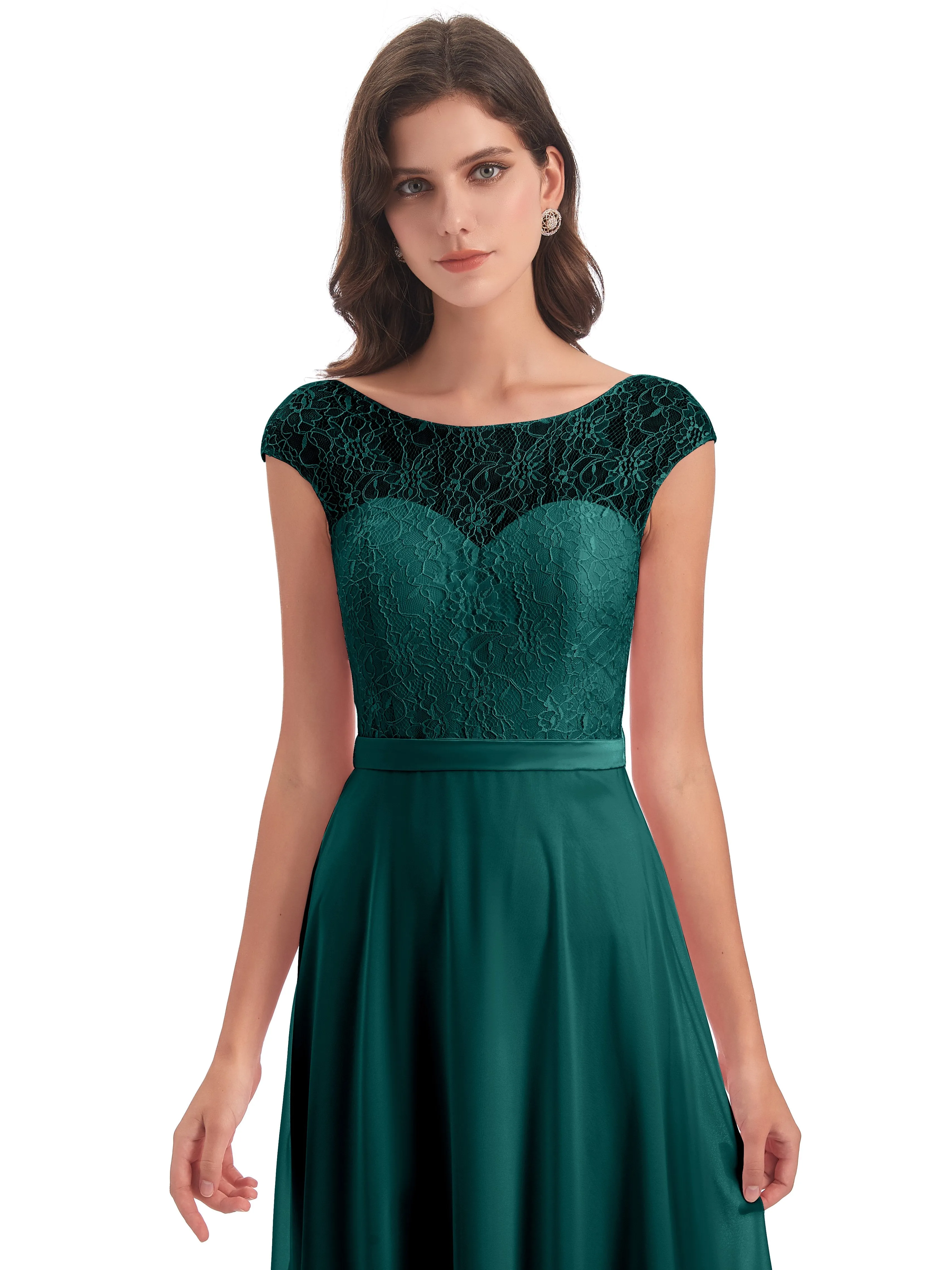 Anna Elegant Lace Cap Sleeves Long Bridesmaid Dresses