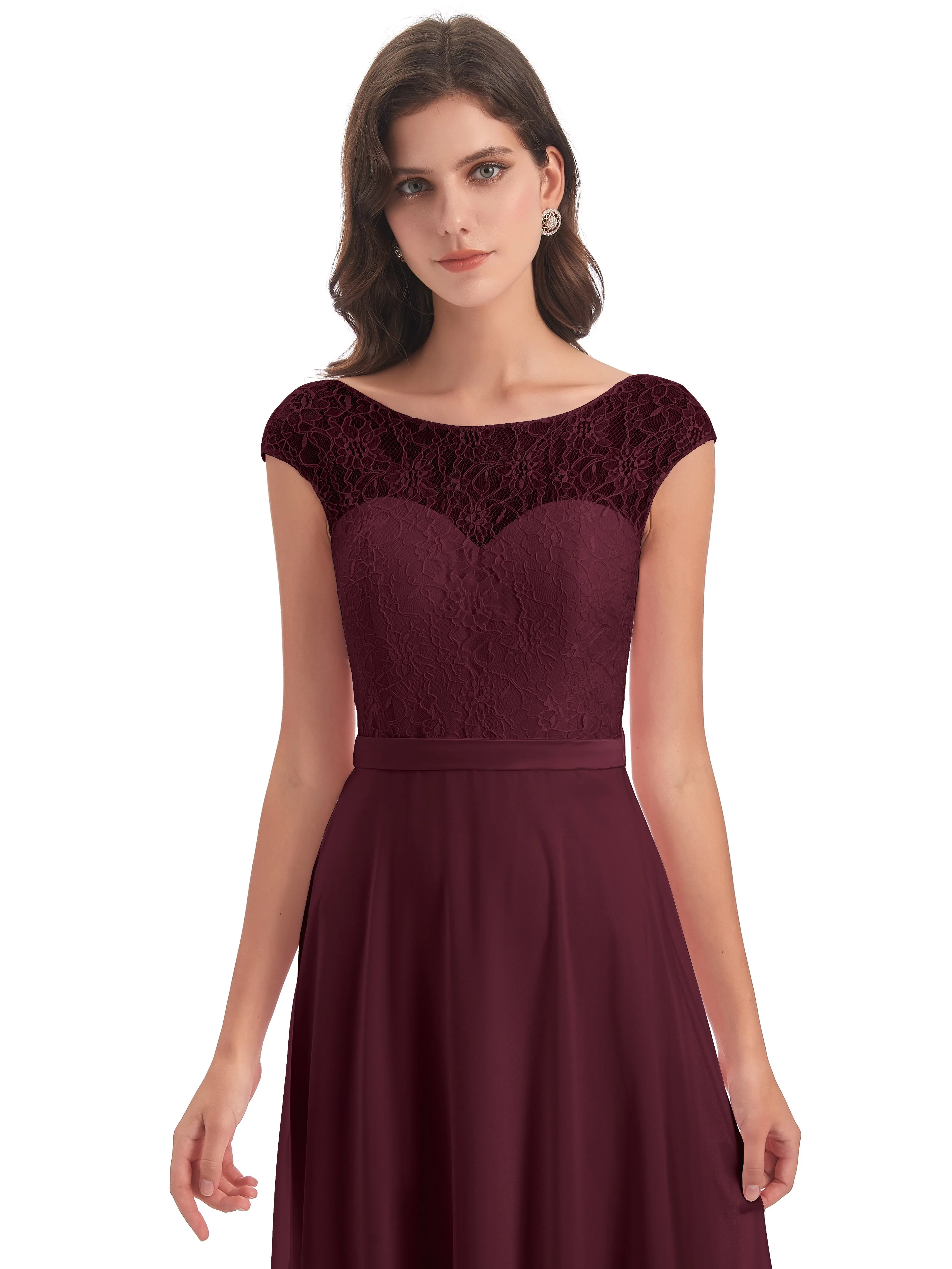 Anna Elegant Lace Cap Sleeves Long Bridesmaid Dresses