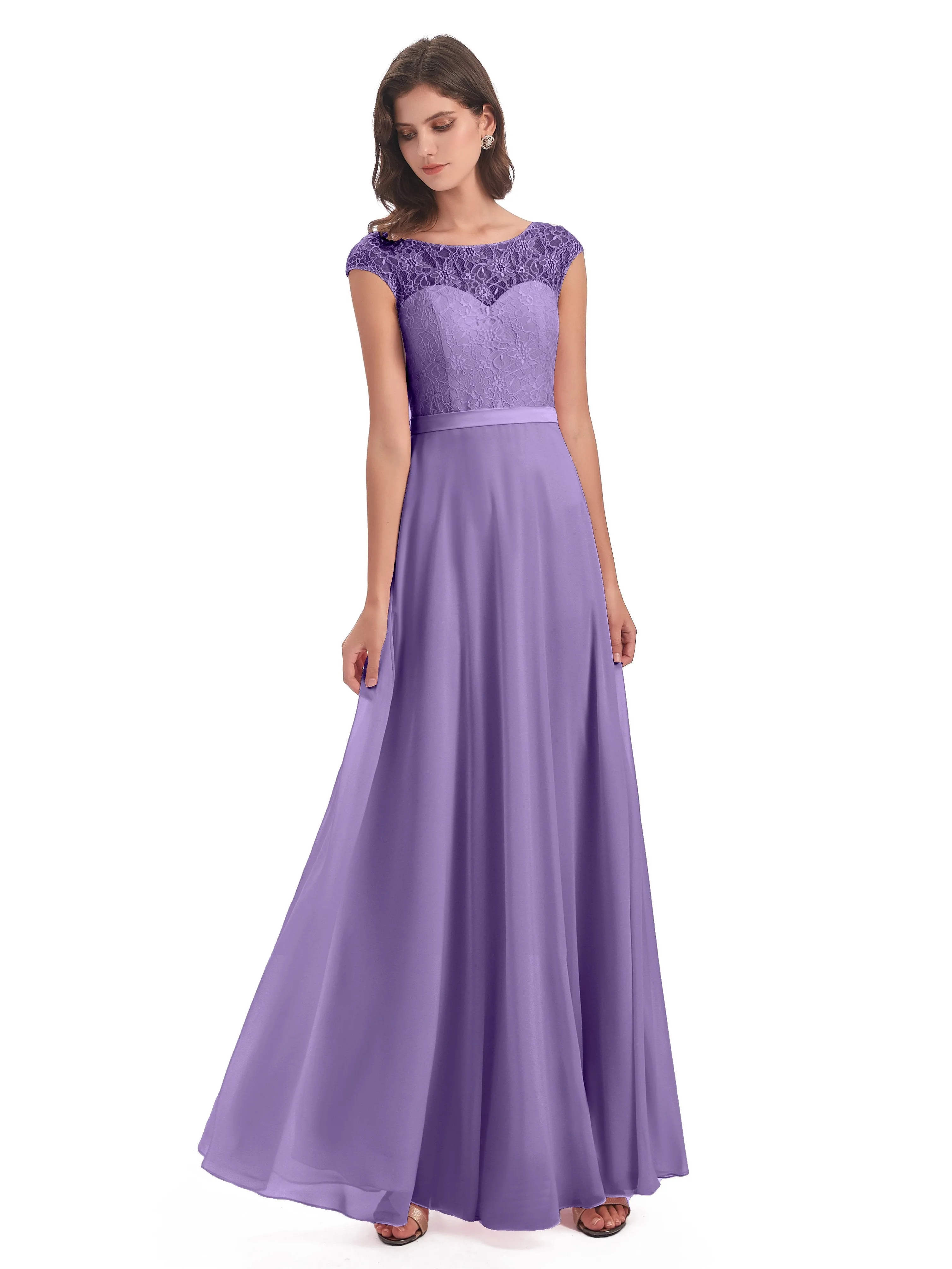 Anna Elegant Lace Cap Sleeves Long Bridesmaid Dresses