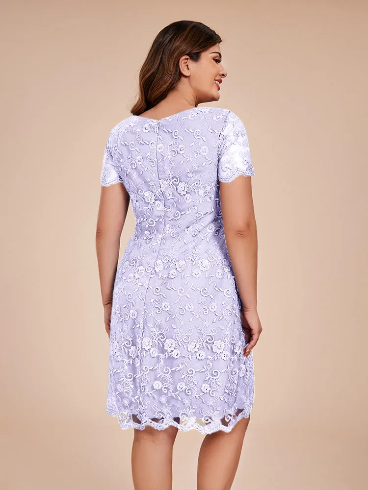 Appliques Lace Sleeves Round Neck Knee Length Chiffon Mother Of The Bride Dress