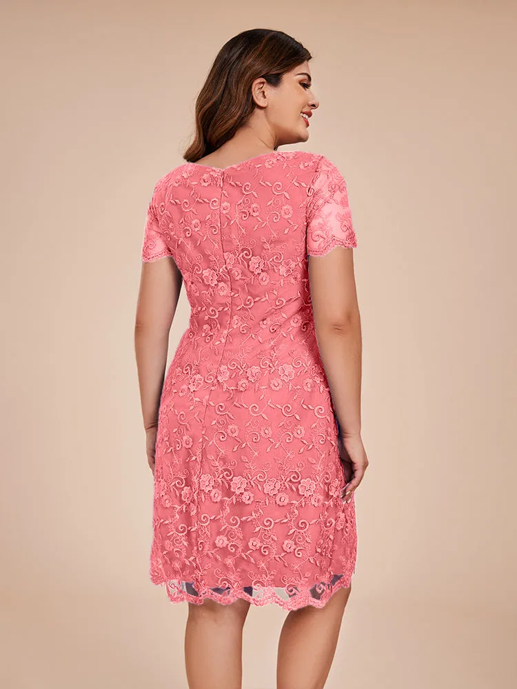 Appliques Lace Sleeves Round Neck Knee Length Chiffon Mother Of The Bride Dress