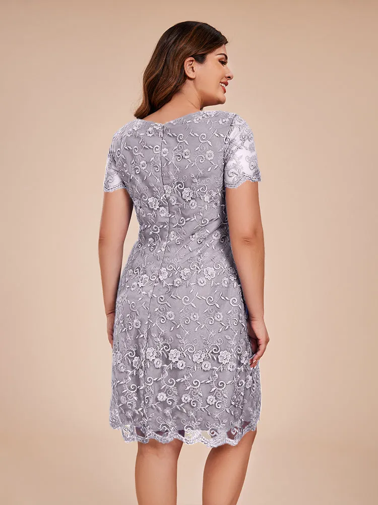 Appliques Lace Sleeves Round Neck Knee Length Chiffon Mother Of The Bride Dress