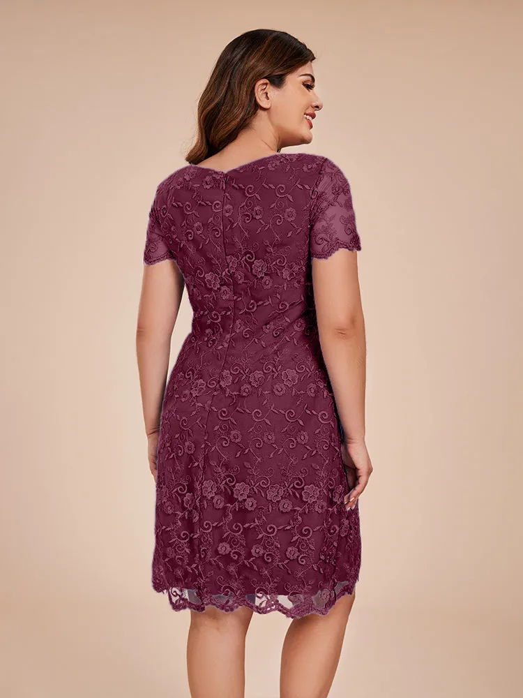 Appliques Lace Sleeves Round Neck Knee Length Chiffon Mother Of The Bride Dress