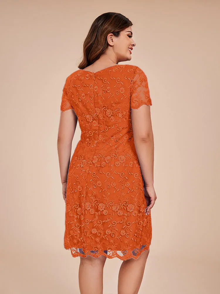 Appliques Lace Sleeves Round Neck Knee Length Chiffon Mother Of The Bride Dress