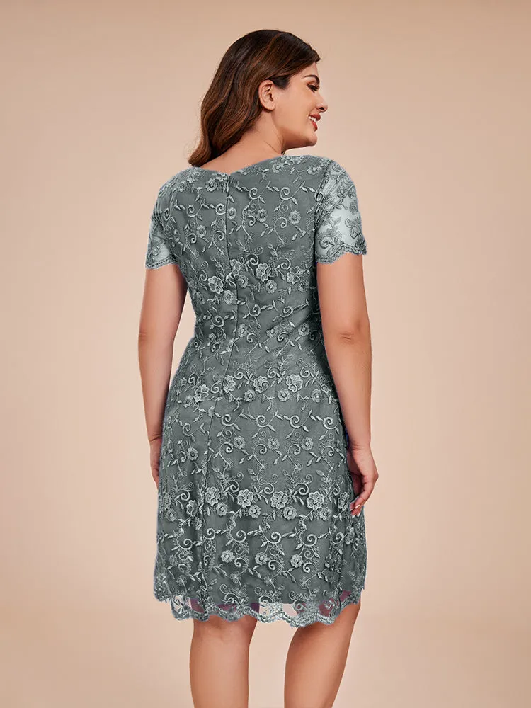 Appliques Lace Sleeves Round Neck Knee Length Chiffon Mother Of The Bride Dress