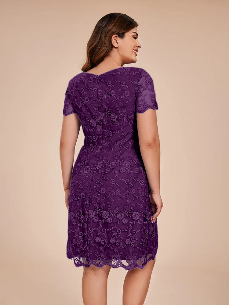 Appliques Lace Sleeves Round Neck Knee Length Chiffon Mother Of The Bride Dress