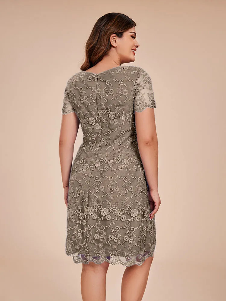 Appliques Lace Sleeves Round Neck Knee Length Chiffon Mother Of The Bride Dress