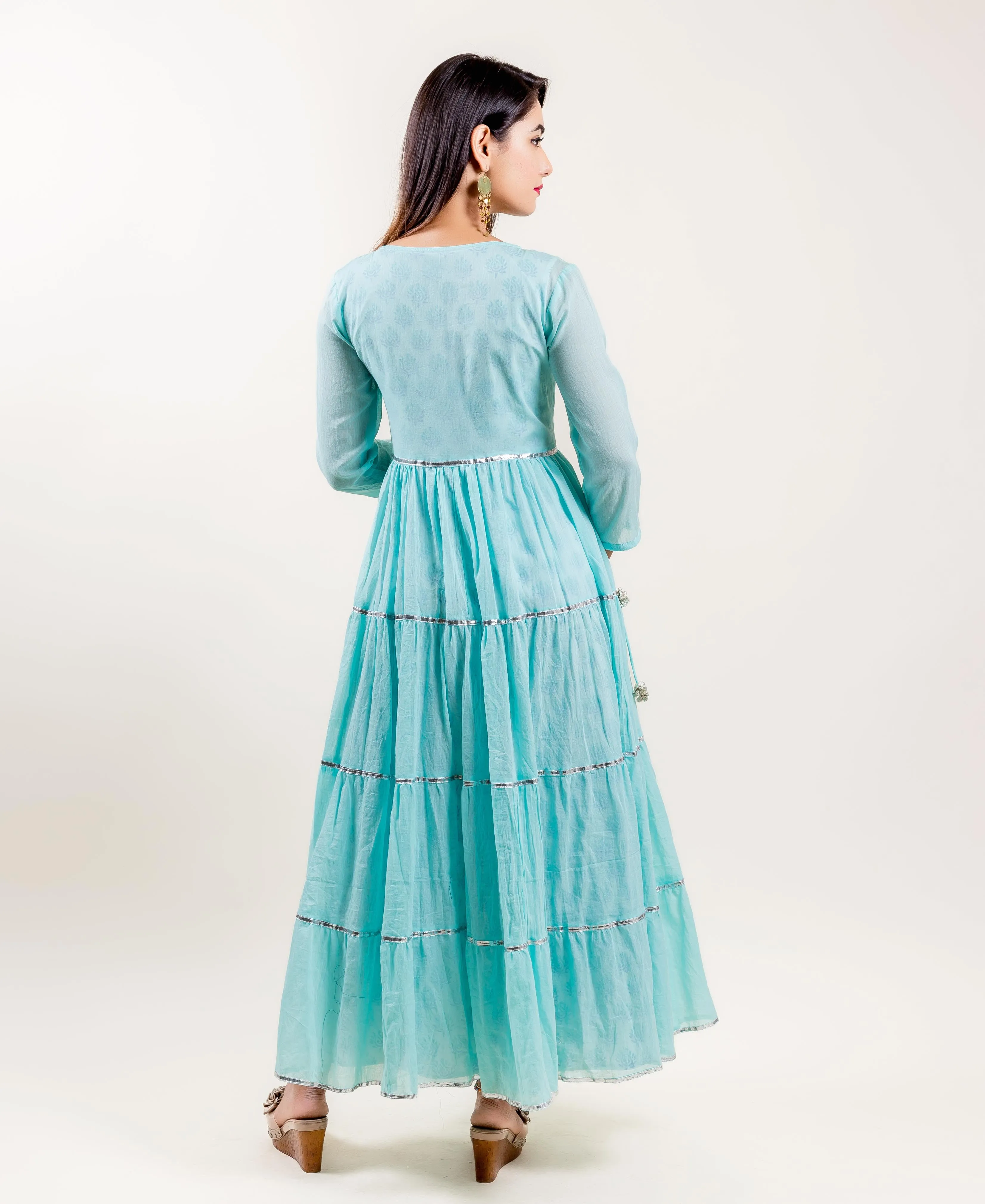 Aqua Cotton Tiered Indo Western Dress with Sleeveless inner