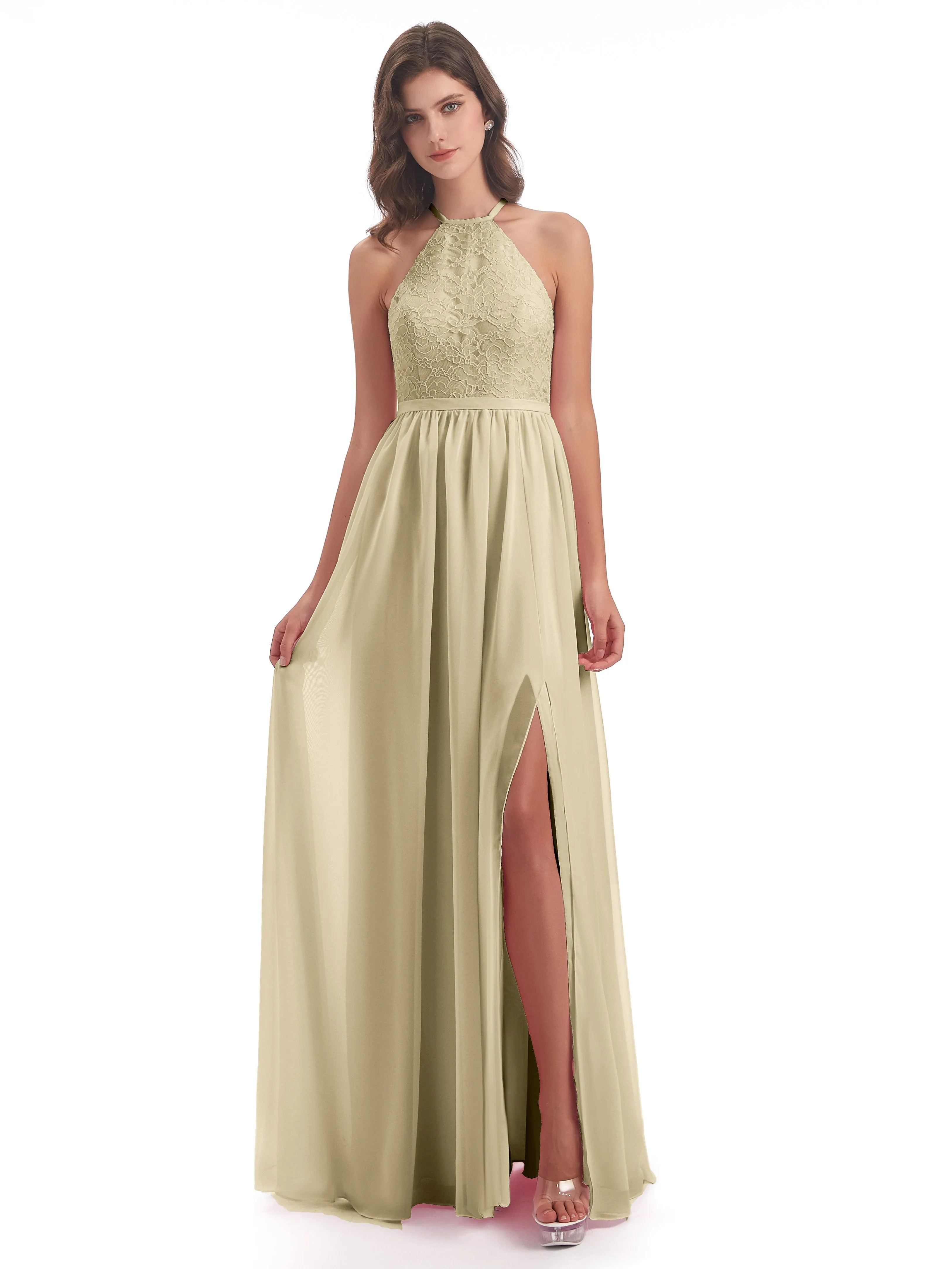 Arabella Fashion Halter Split Long Bridesmaid Dresses