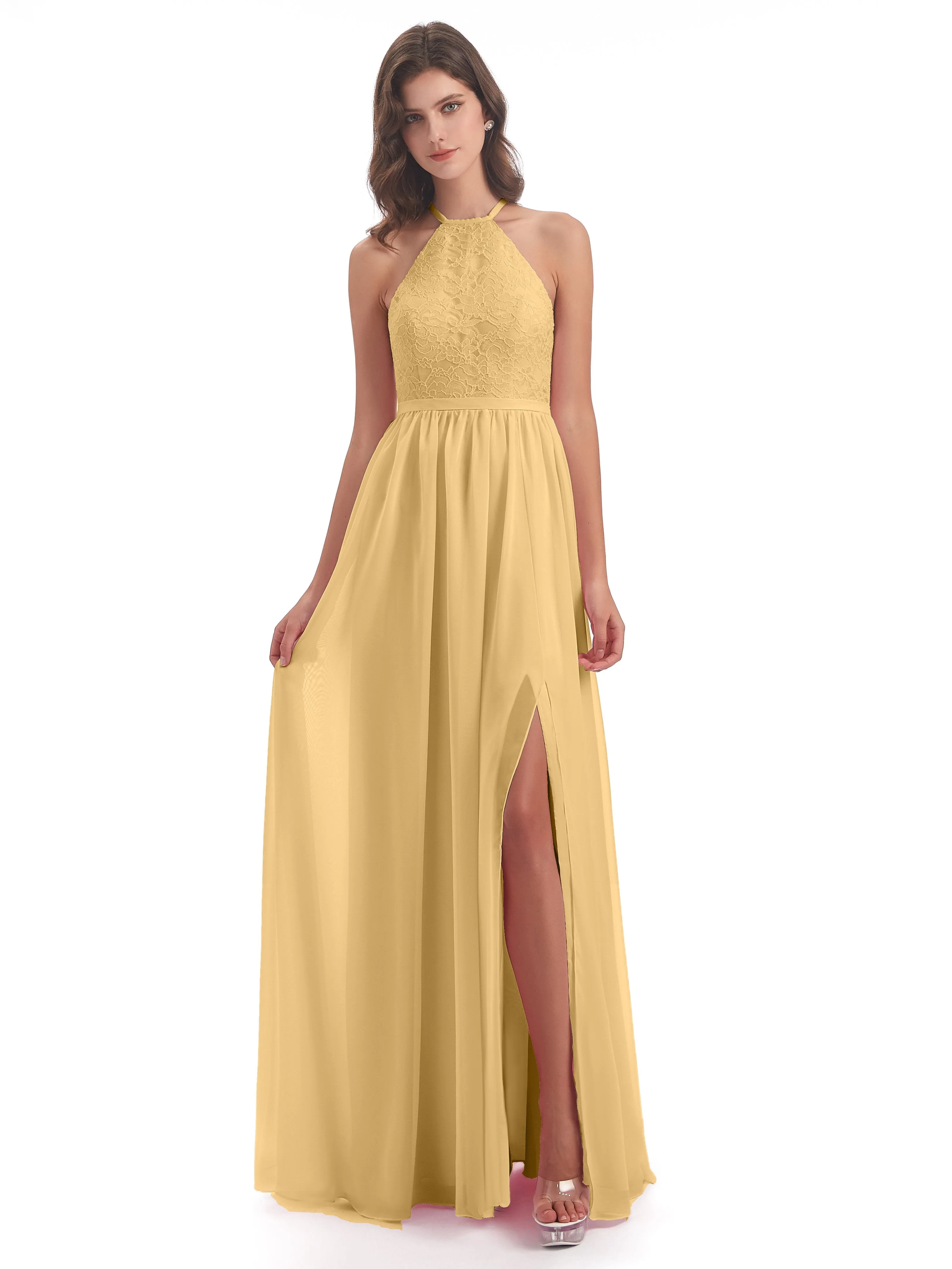 Arabella Fashion Halter Split Long Bridesmaid Dresses