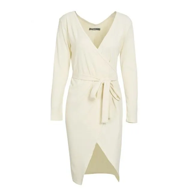 Asymmetric Wrap Ribbon Tie Knitted Dress