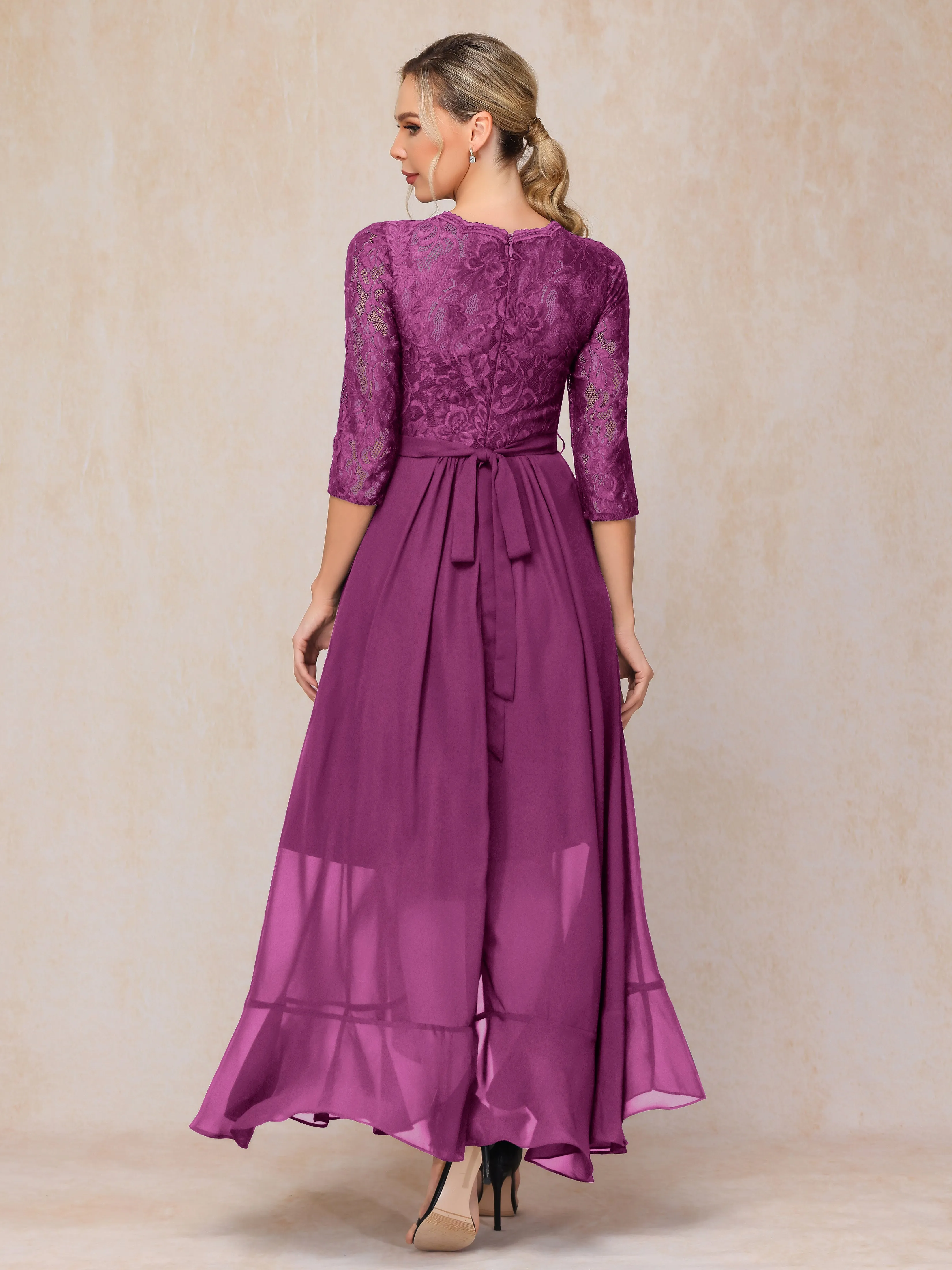 Asymmetrical 3/4 Length Sleeves Ruffles Long Chiffon Mother of the Bride Dresses