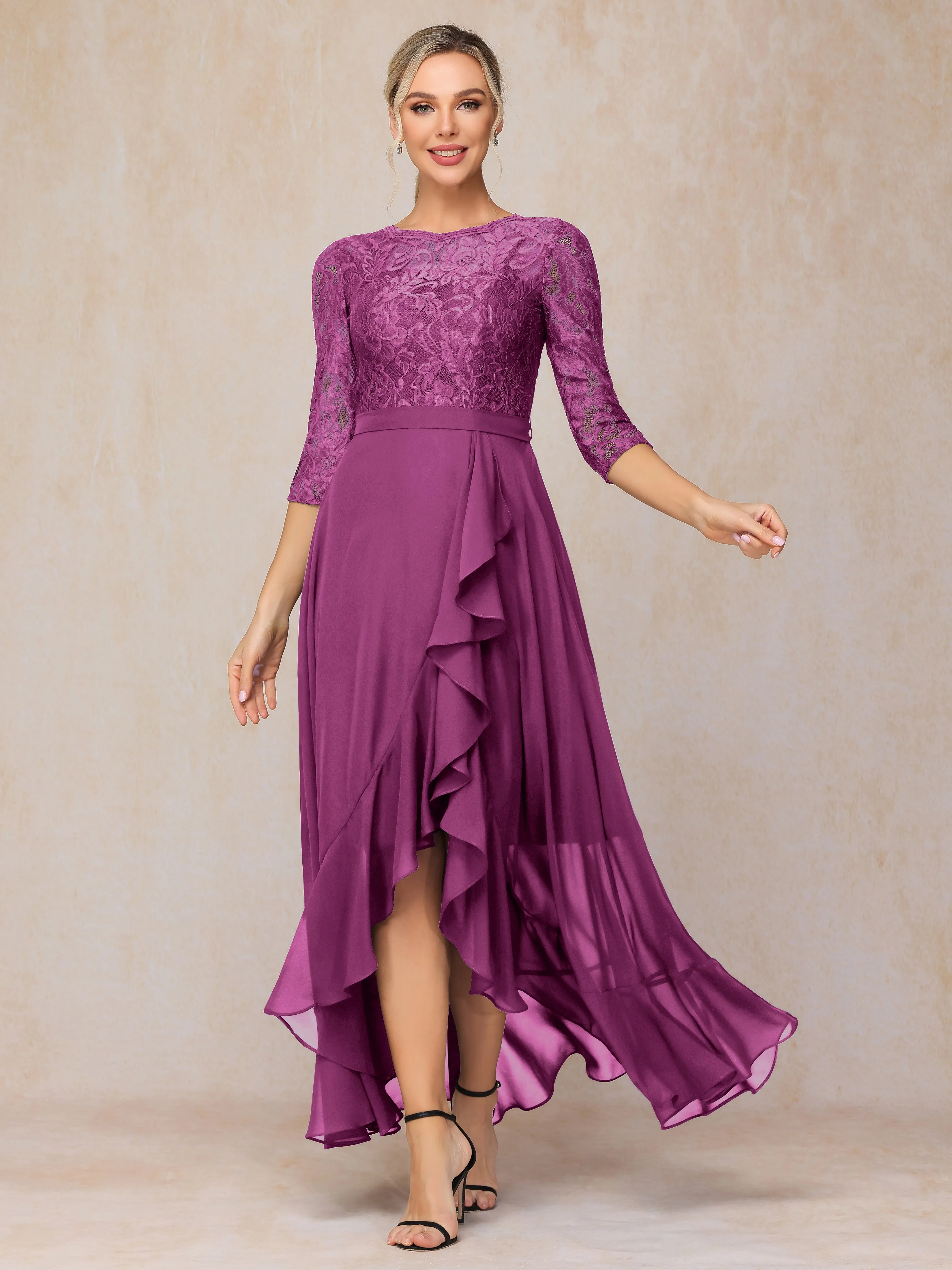 Asymmetrical 3/4 Length Sleeves Ruffles Long Chiffon Mother of the Bride Dresses