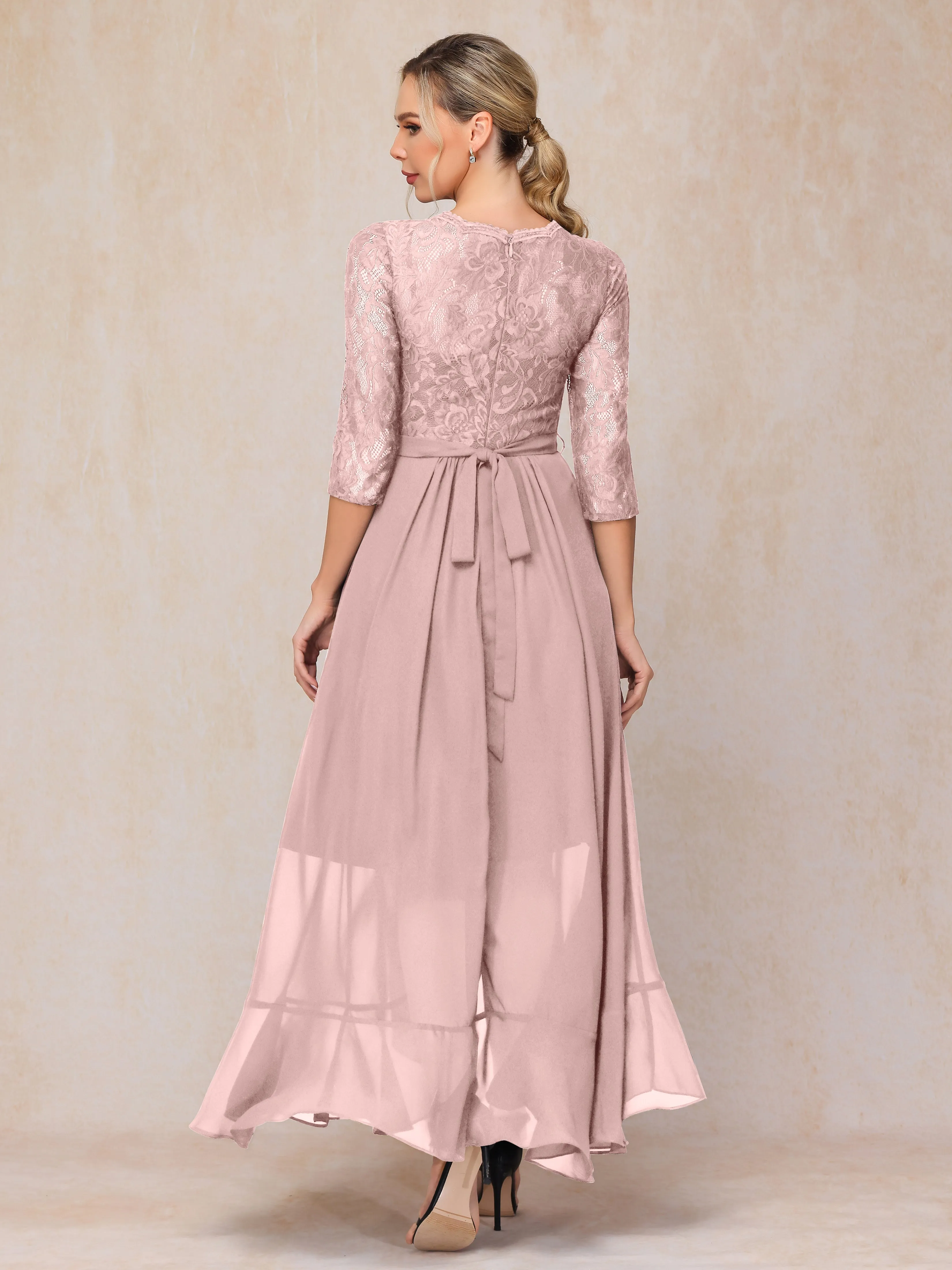 Asymmetrical 3/4 Length Sleeves Ruffles Long Chiffon Mother of the Bride Dresses