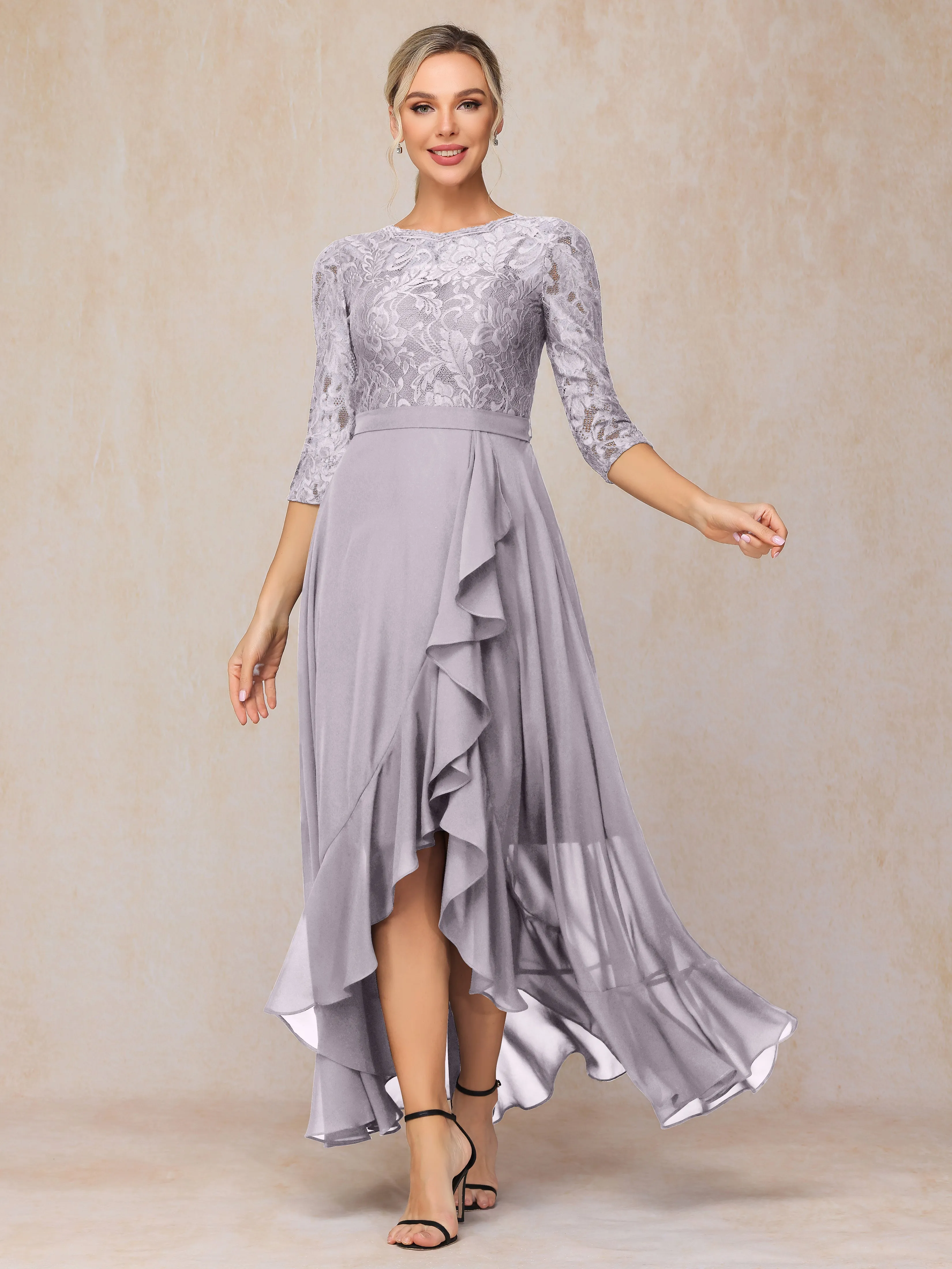 Asymmetrical 3/4 Length Sleeves Ruffles Long Chiffon Mother of the Bride Dresses