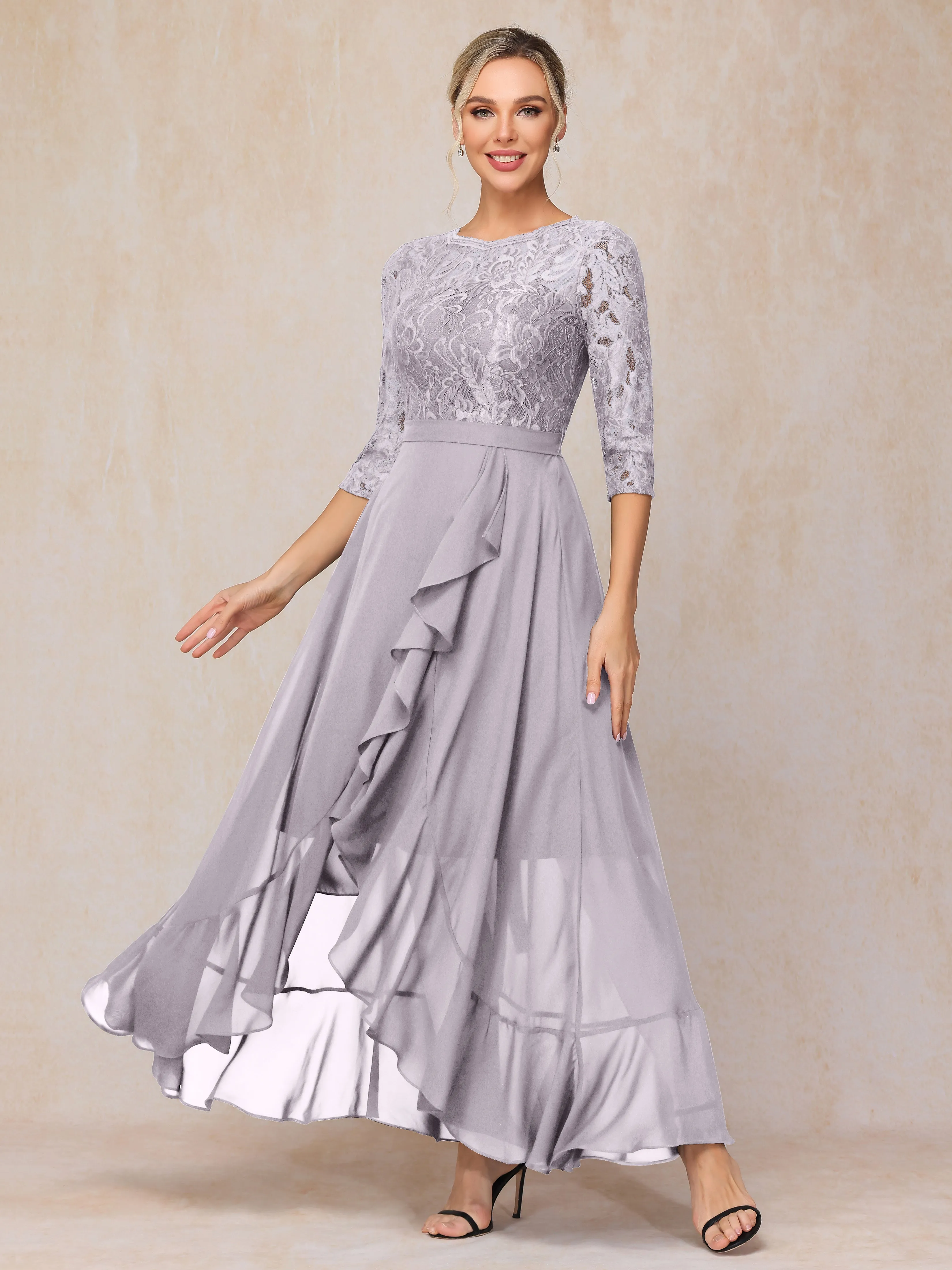 Asymmetrical 3/4 Length Sleeves Ruffles Long Chiffon Mother of the Bride Dresses