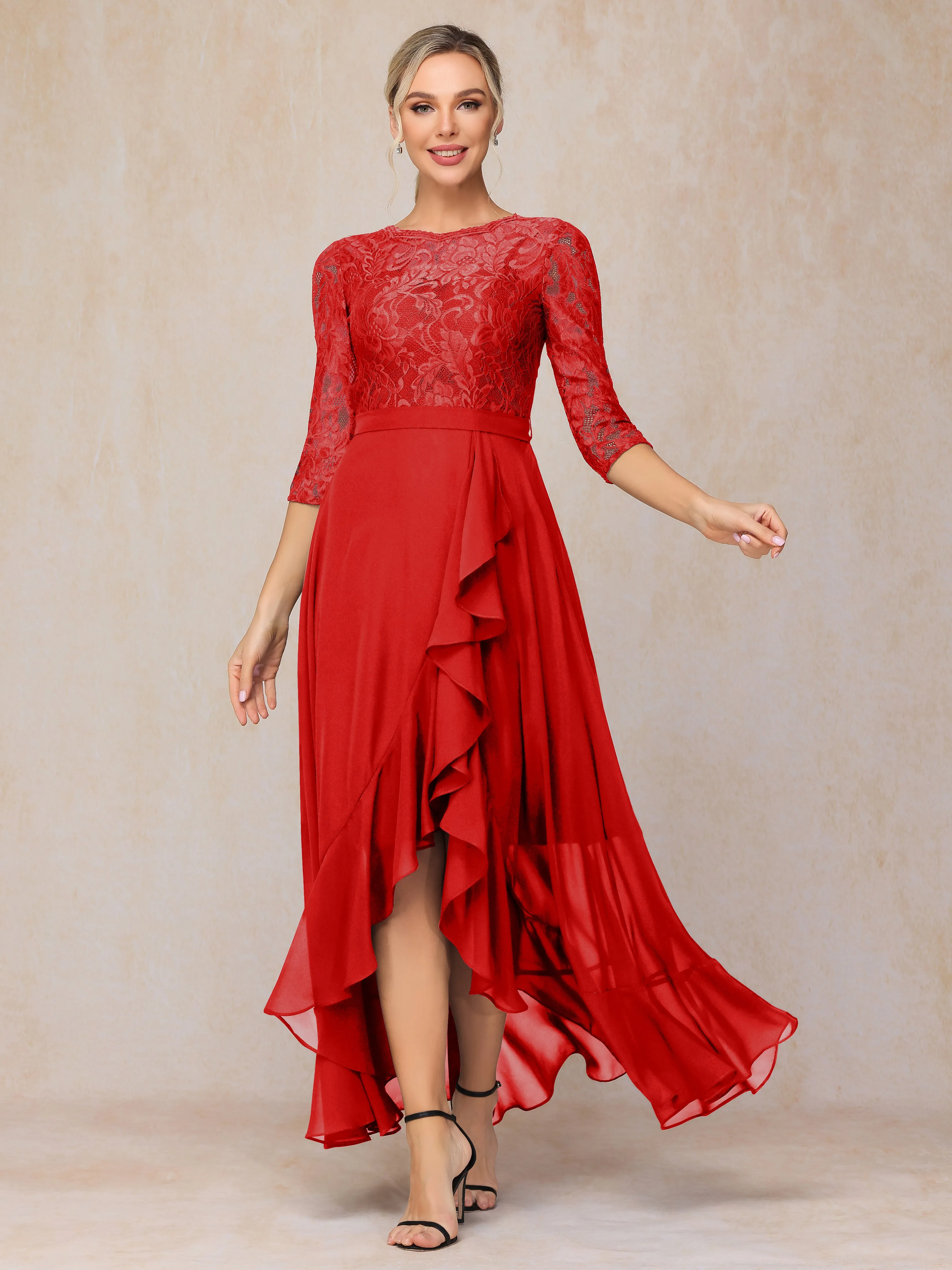 Asymmetrical 3/4 Length Sleeves Ruffles Long Chiffon Mother of the Bride Dresses