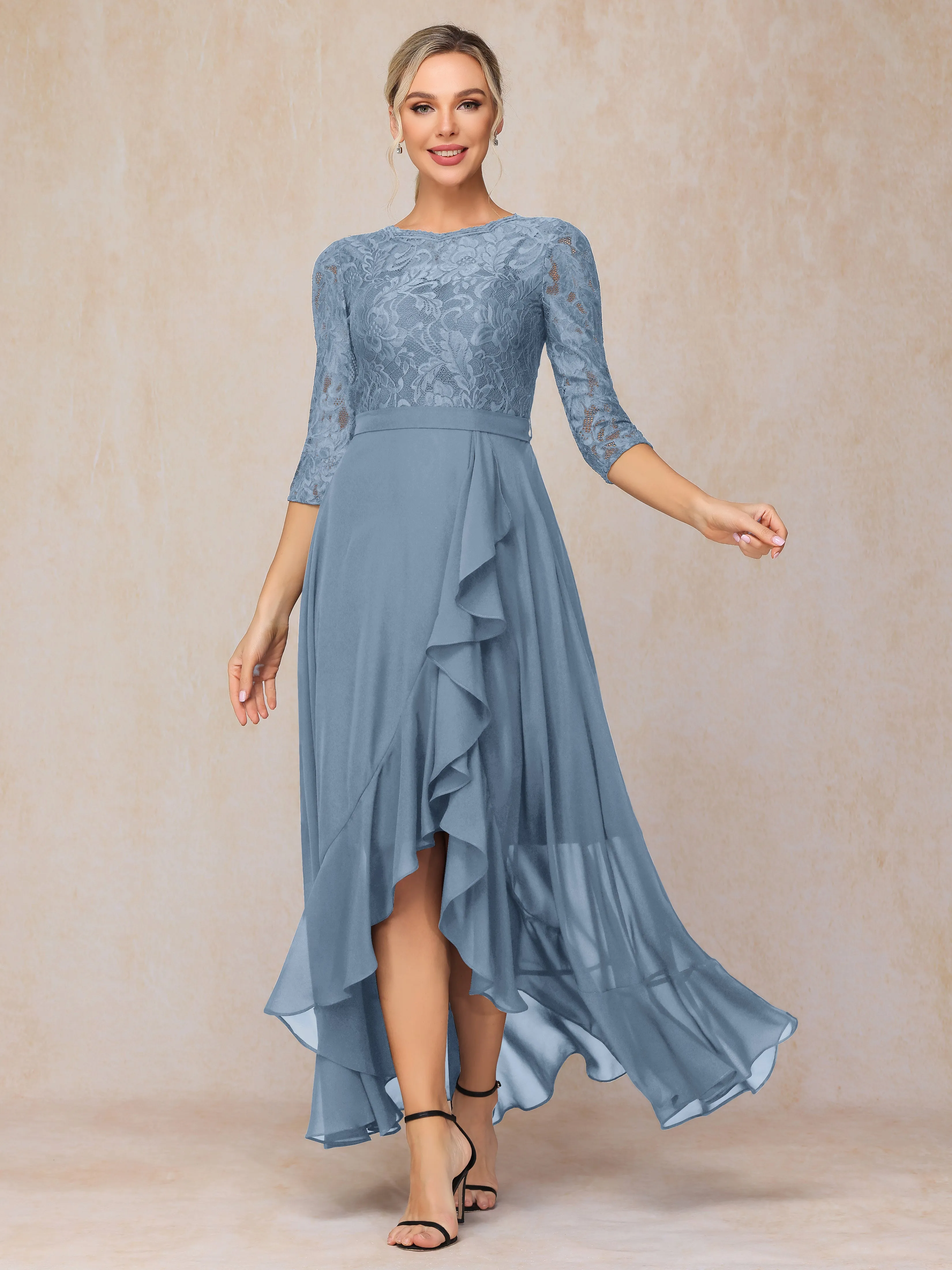 Asymmetrical 3/4 Length Sleeves Ruffles Long Chiffon Mother of the Bride Dresses