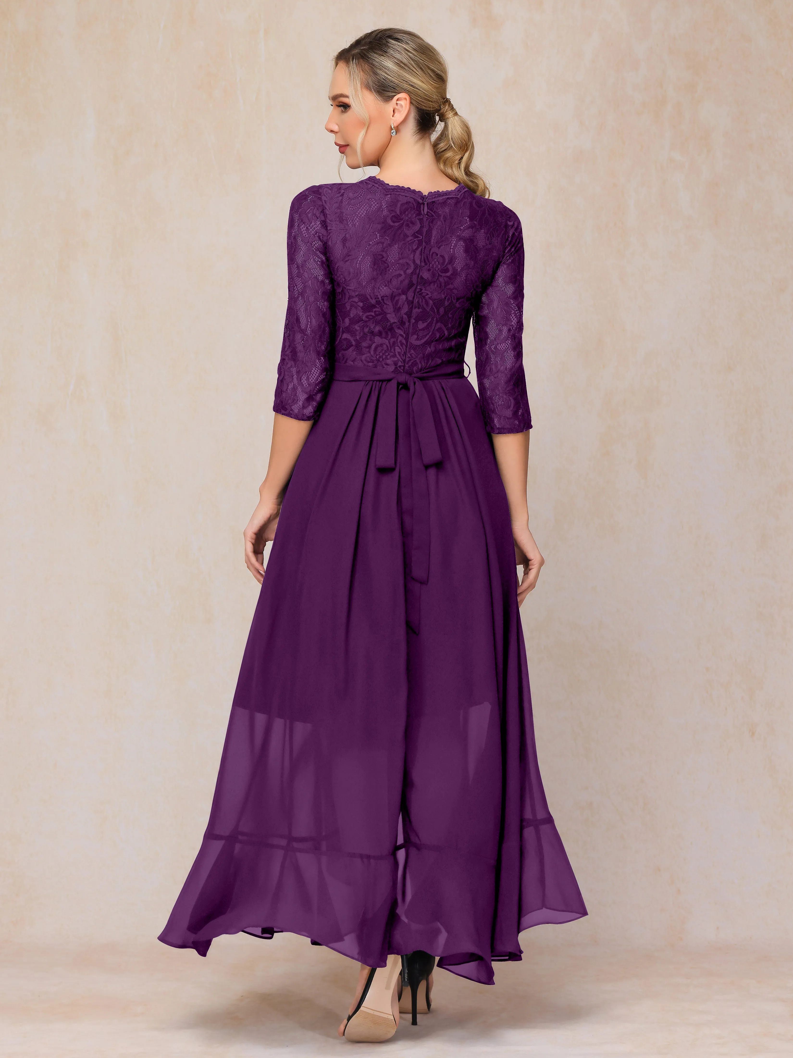 Asymmetrical 3/4 Length Sleeves Ruffles Long Chiffon Mother of the Bride Dresses