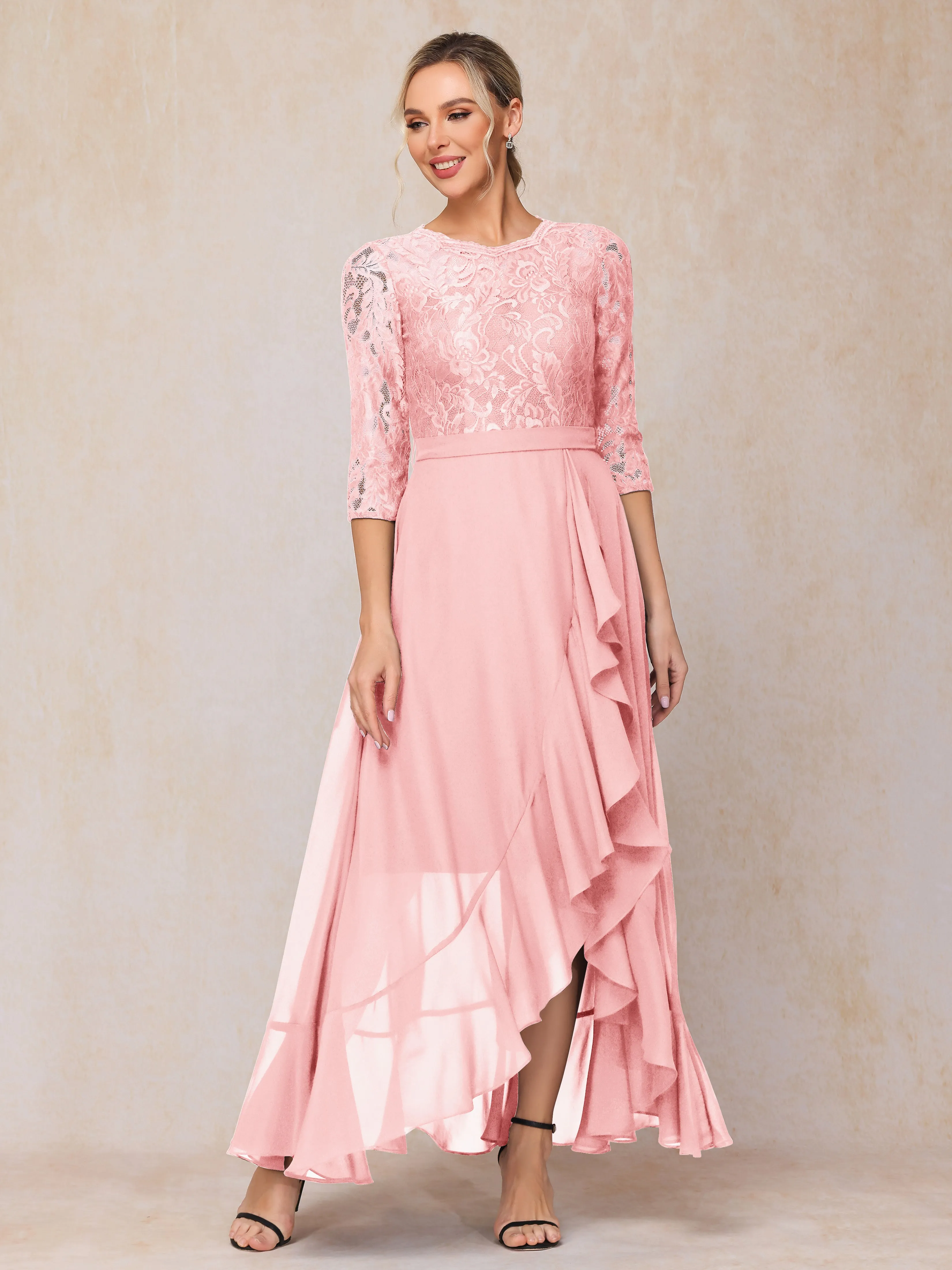 Asymmetrical 3/4 Length Sleeves Ruffles Long Chiffon Mother of the Bride Dresses