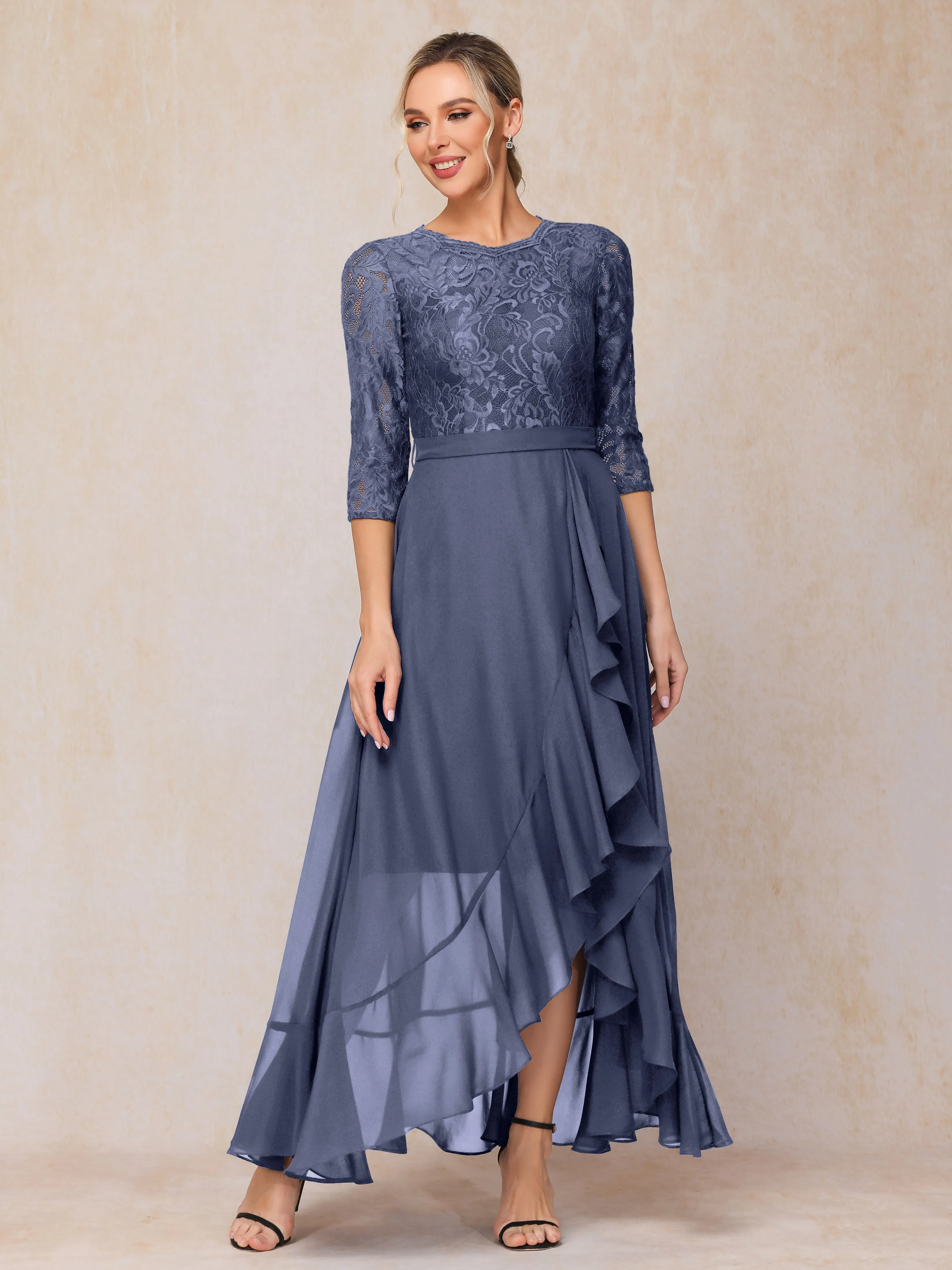 Asymmetrical 3/4 Length Sleeves Ruffles Long Chiffon Mother of the Bride Dresses