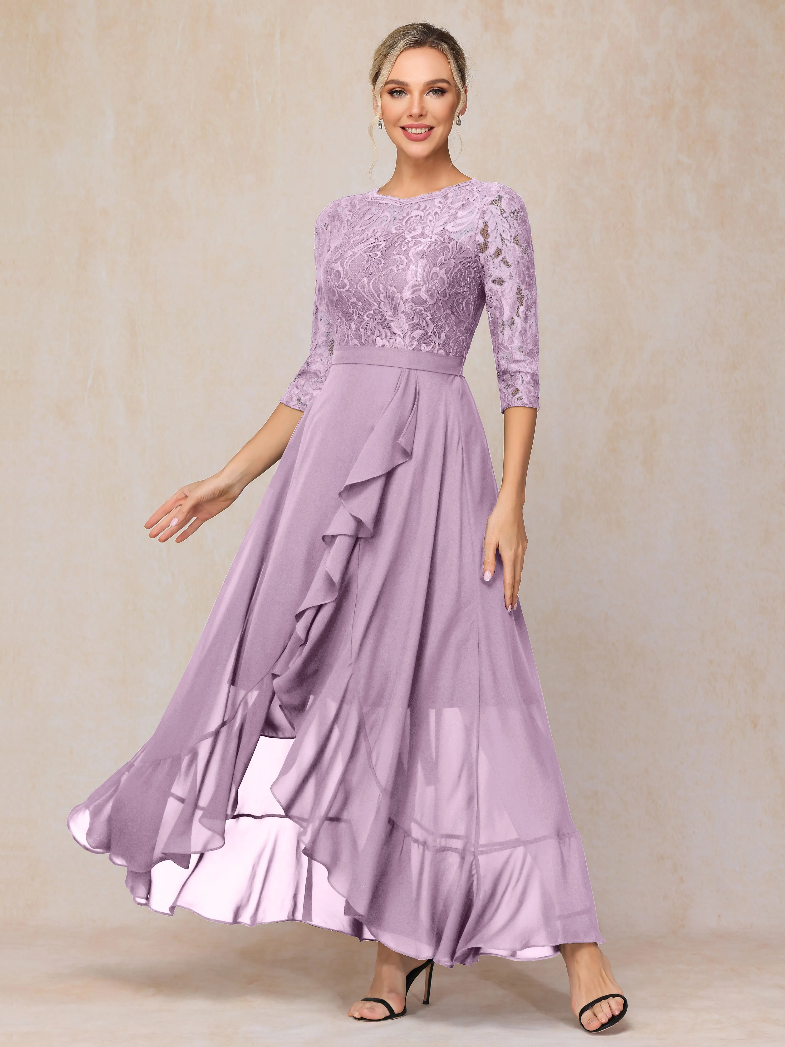 Asymmetrical 3/4 Length Sleeves Ruffles Long Chiffon Mother of the Bride Dresses