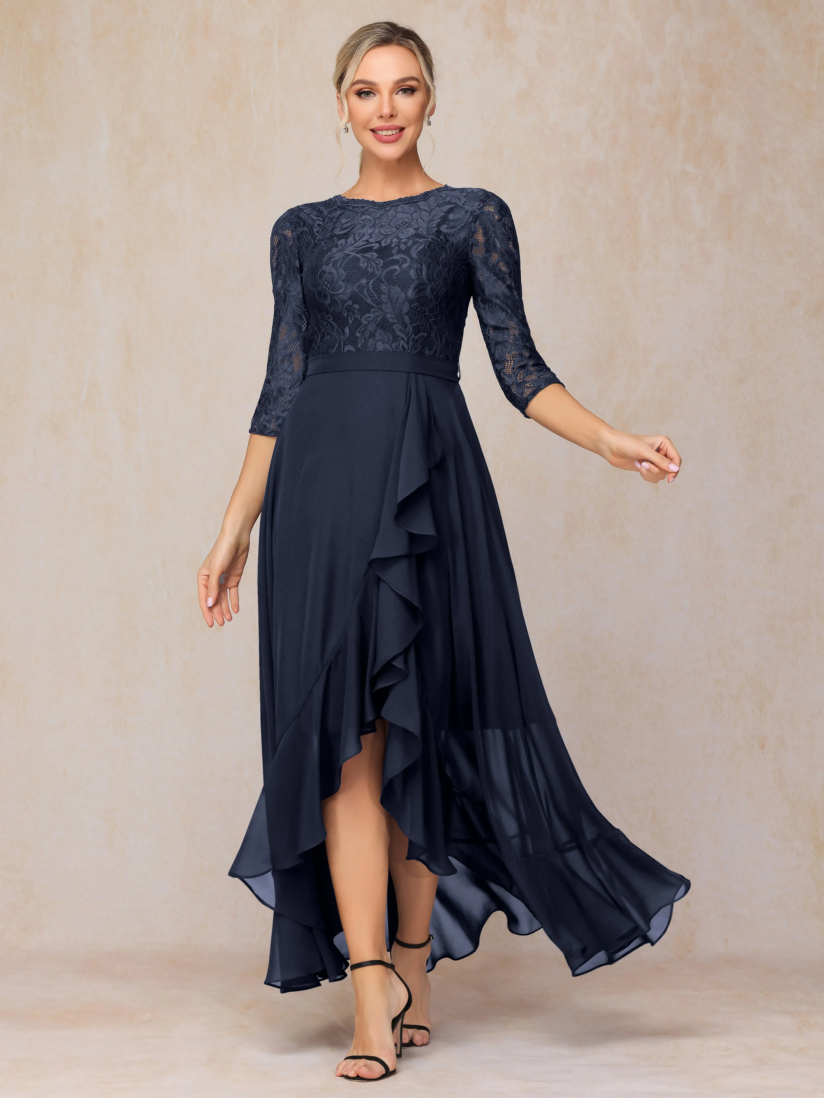 Asymmetrical 3/4 Length Sleeves Ruffles Long Chiffon Mother of the Bride Dresses