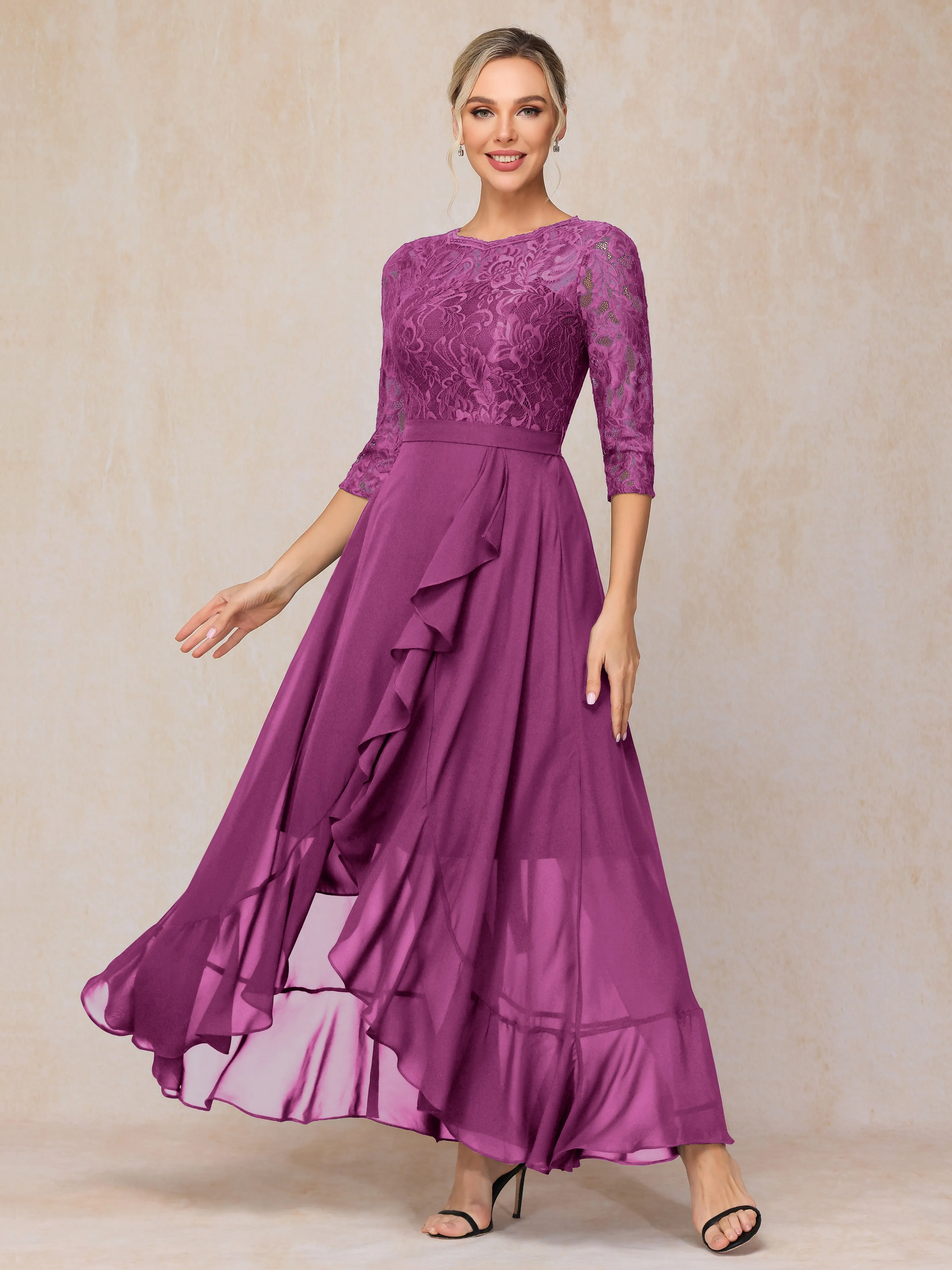 Asymmetrical 3/4 Length Sleeves Ruffles Long Chiffon Mother of the Bride Dresses