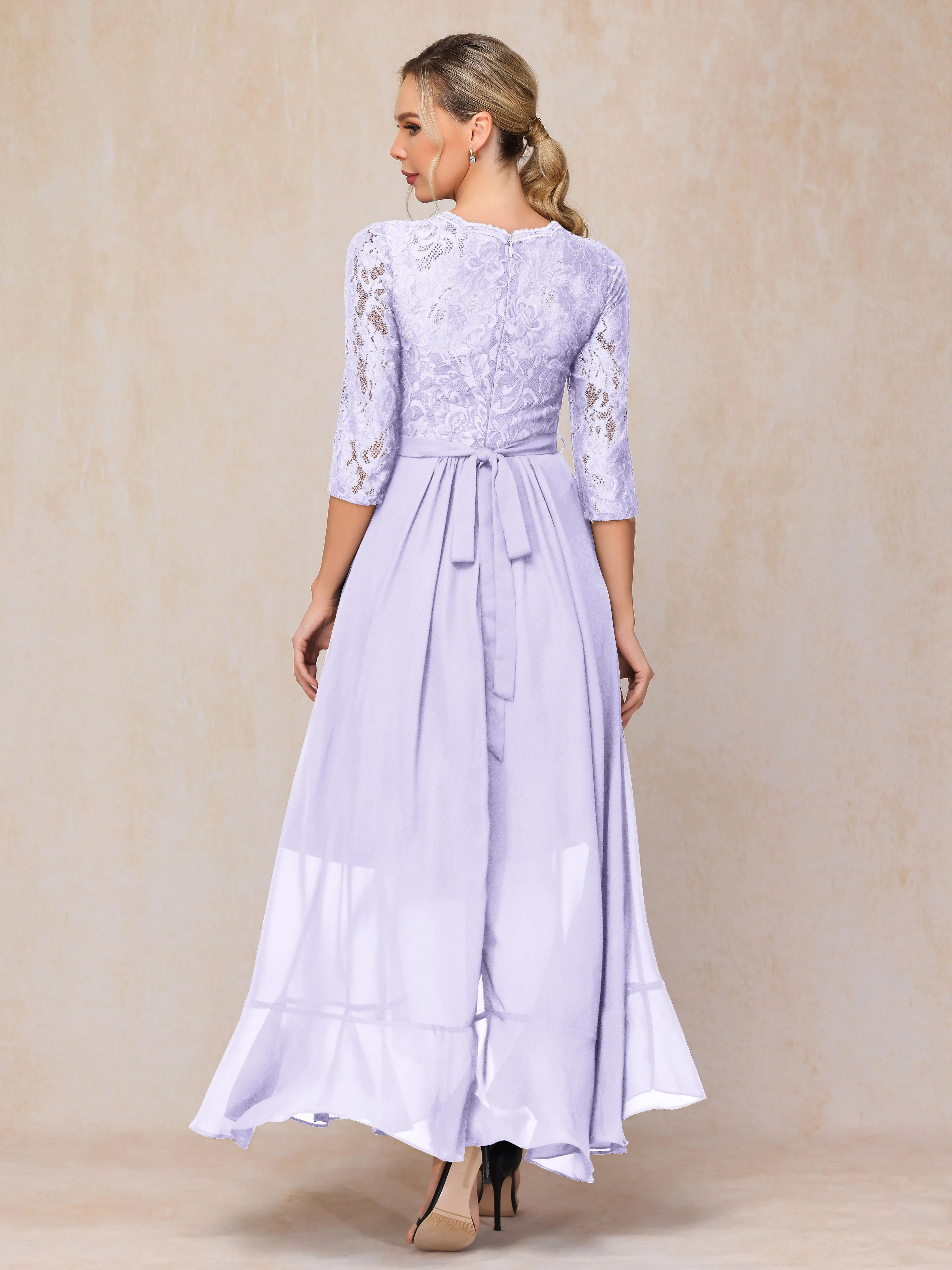 Asymmetrical 3/4 Length Sleeves Ruffles Long Chiffon Mother of the Bride Dresses