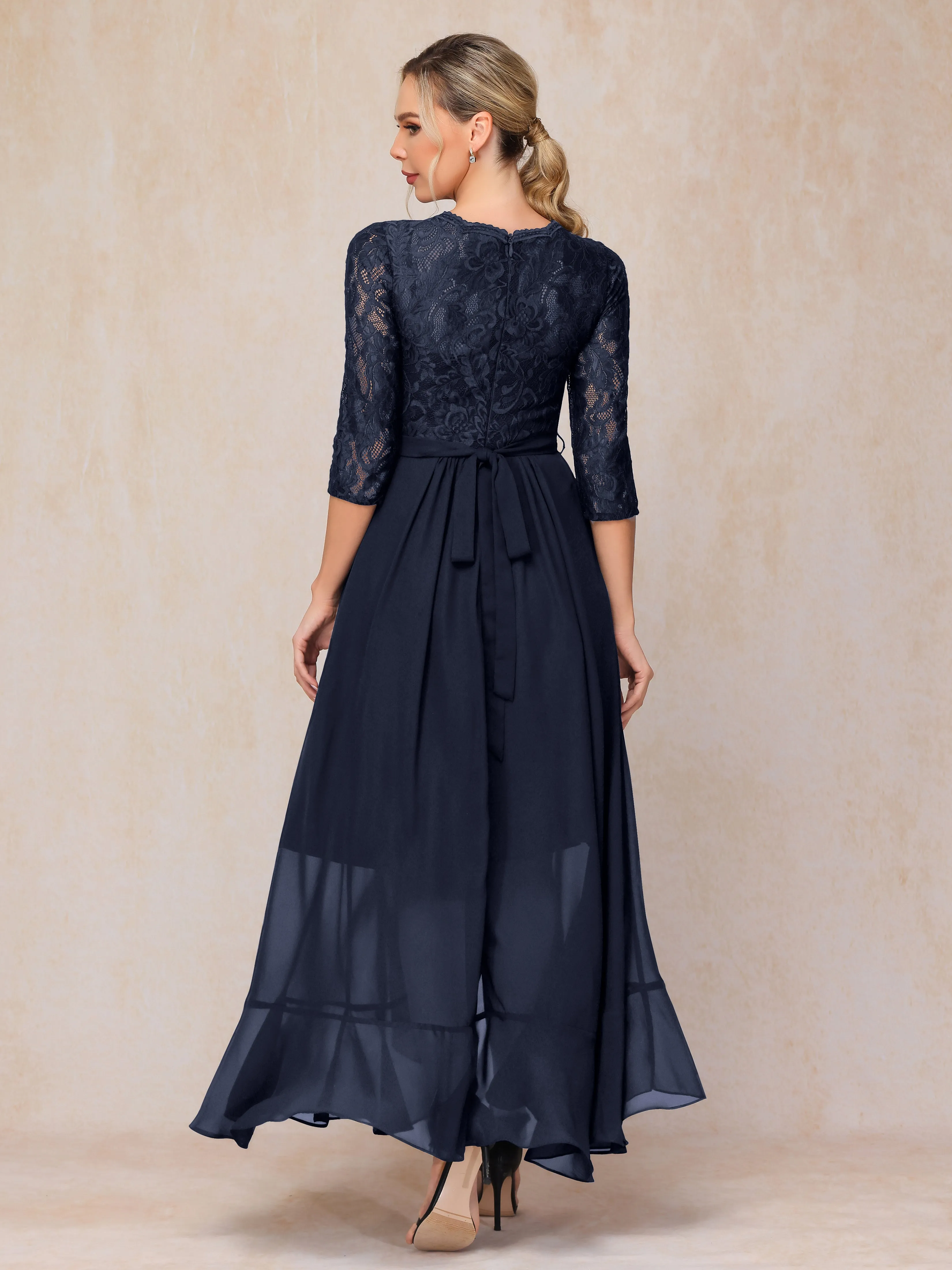 Asymmetrical 3/4 Length Sleeves Ruffles Long Chiffon Mother of the Bride Dresses