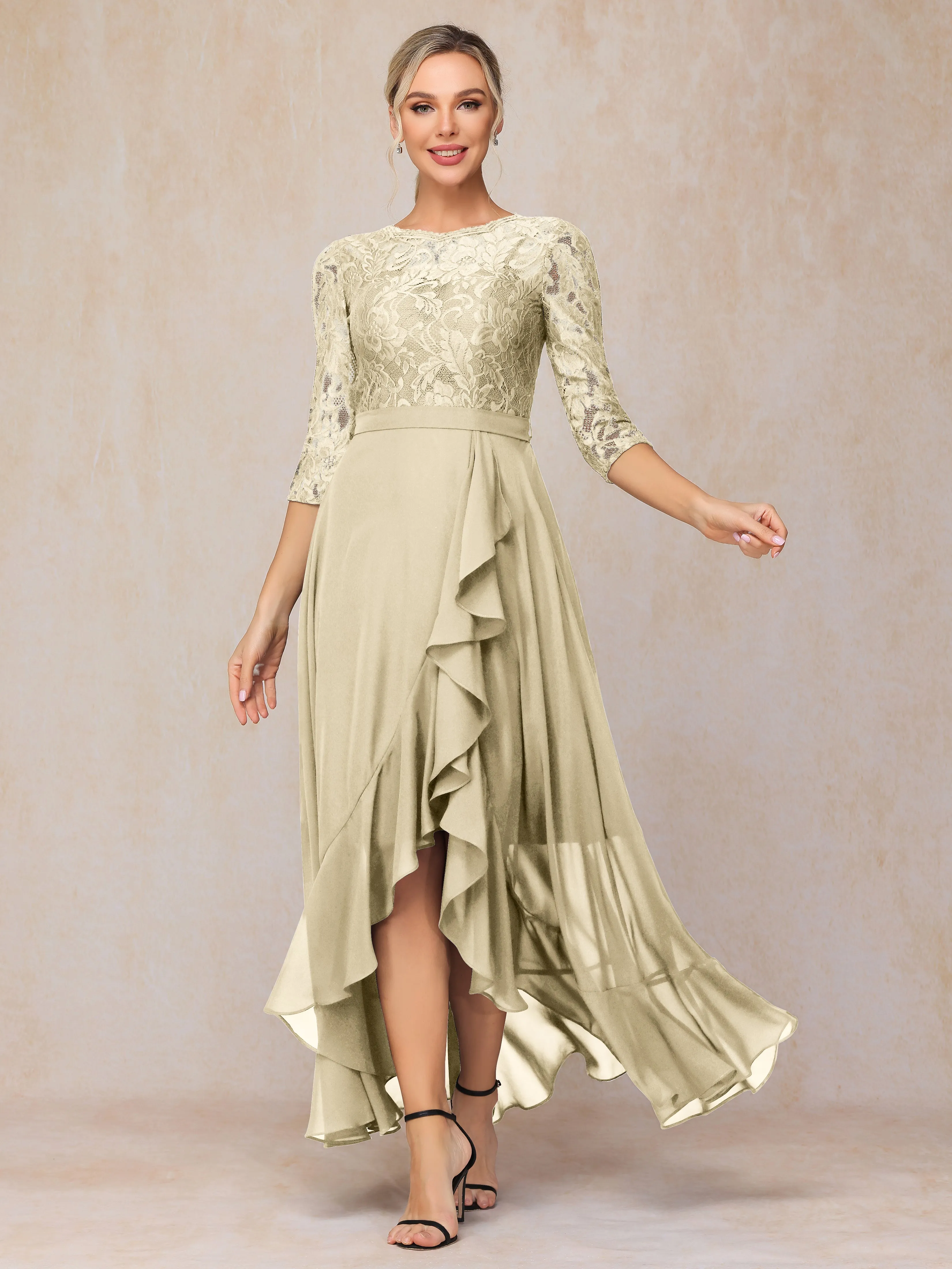 Asymmetrical 3/4 Length Sleeves Ruffles Long Chiffon Mother of the Bride Dresses