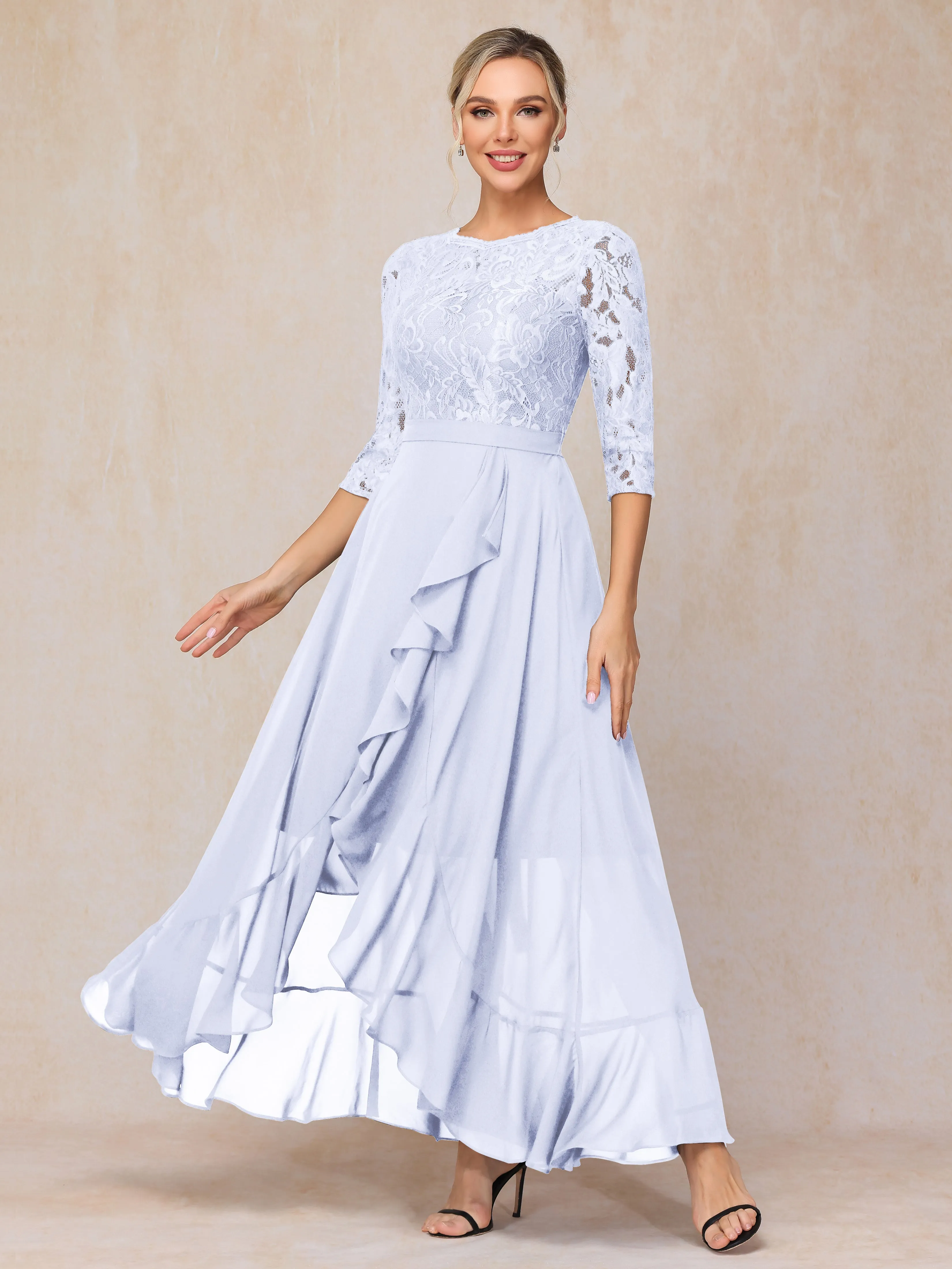 Asymmetrical 3/4 Length Sleeves Ruffles Long Chiffon Mother of the Bride Dresses