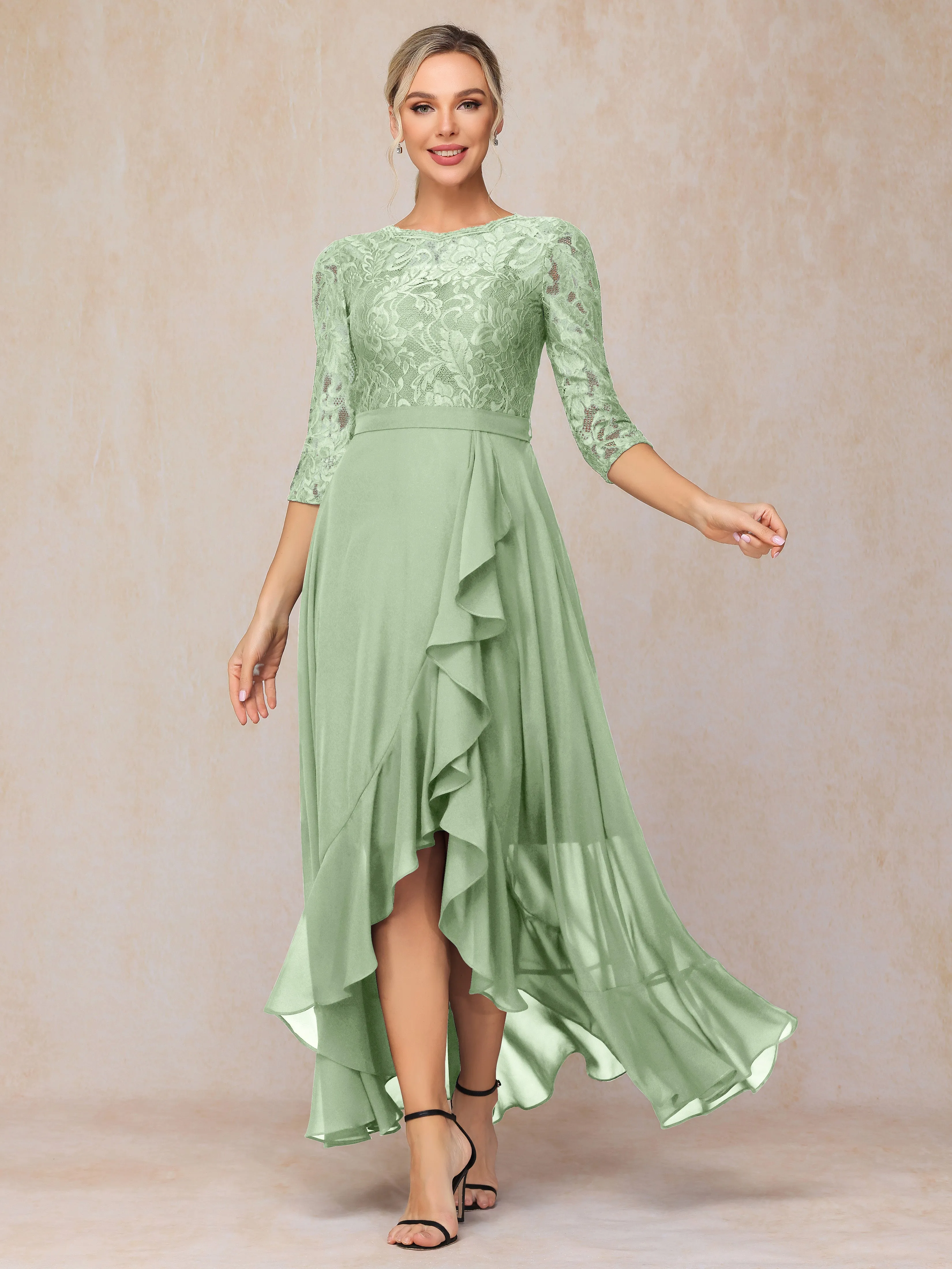 Asymmetrical 3/4 Length Sleeves Ruffles Long Chiffon Mother of the Bride Dresses