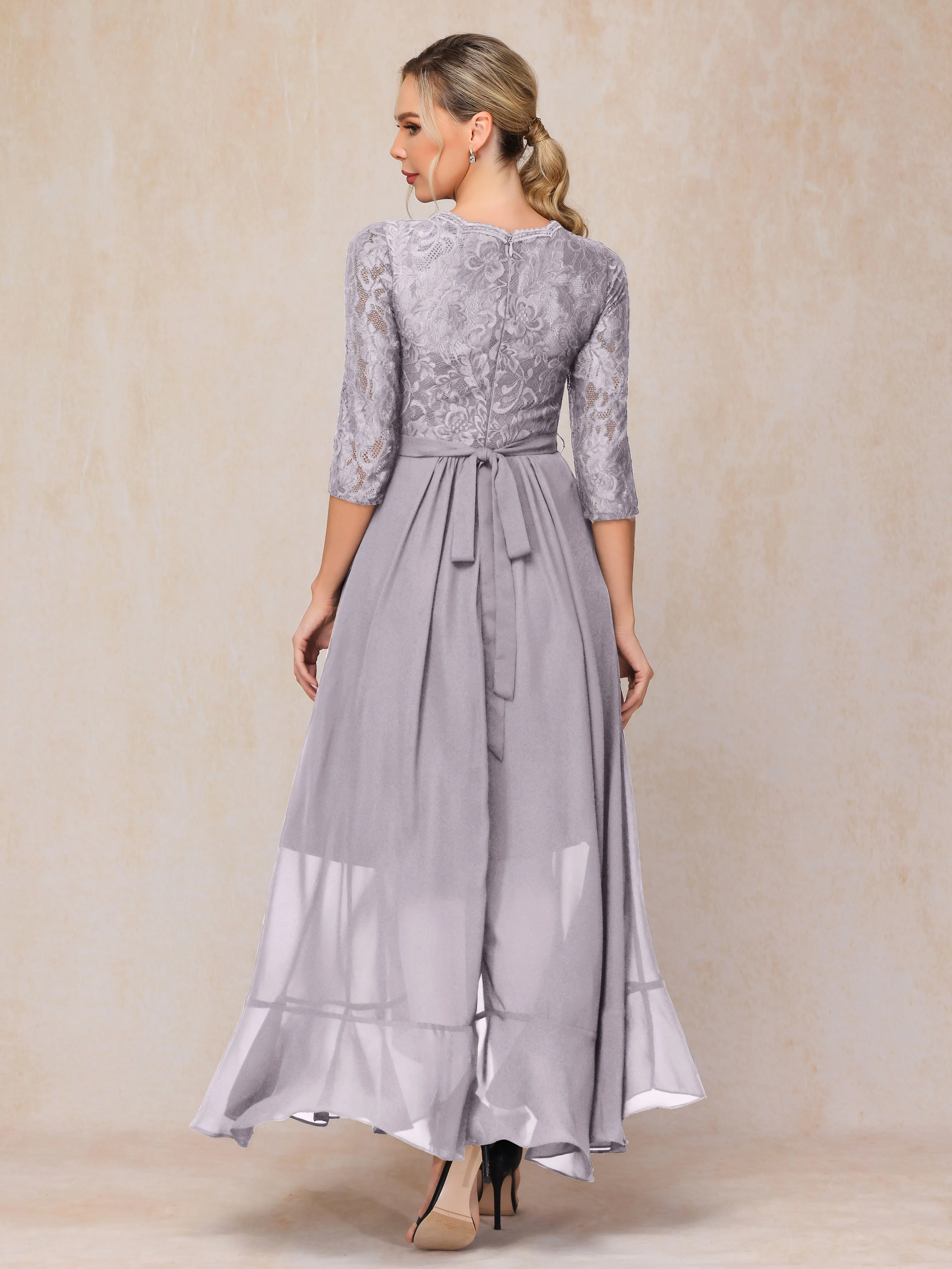 Asymmetrical 3/4 Length Sleeves Ruffles Long Chiffon Mother of the Bride Dresses