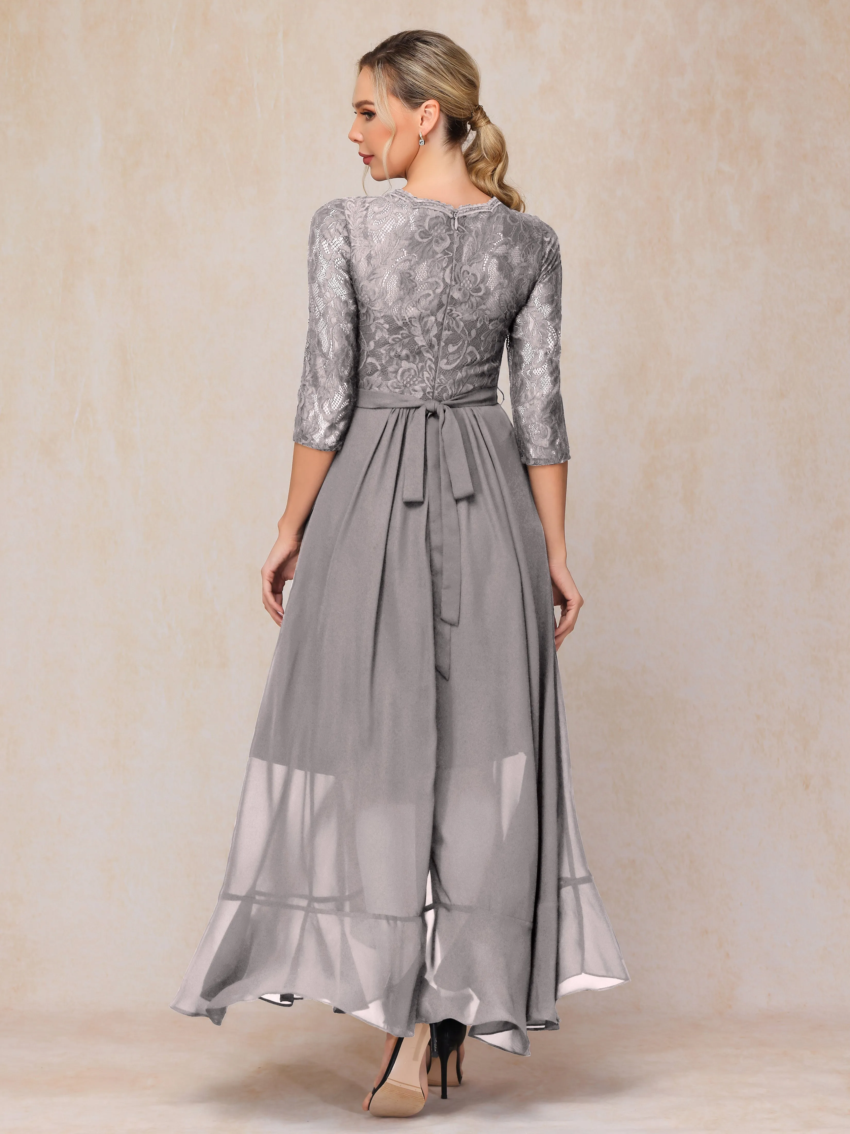 Asymmetrical 3/4 Length Sleeves Ruffles Long Chiffon Mother of the Bride Dresses