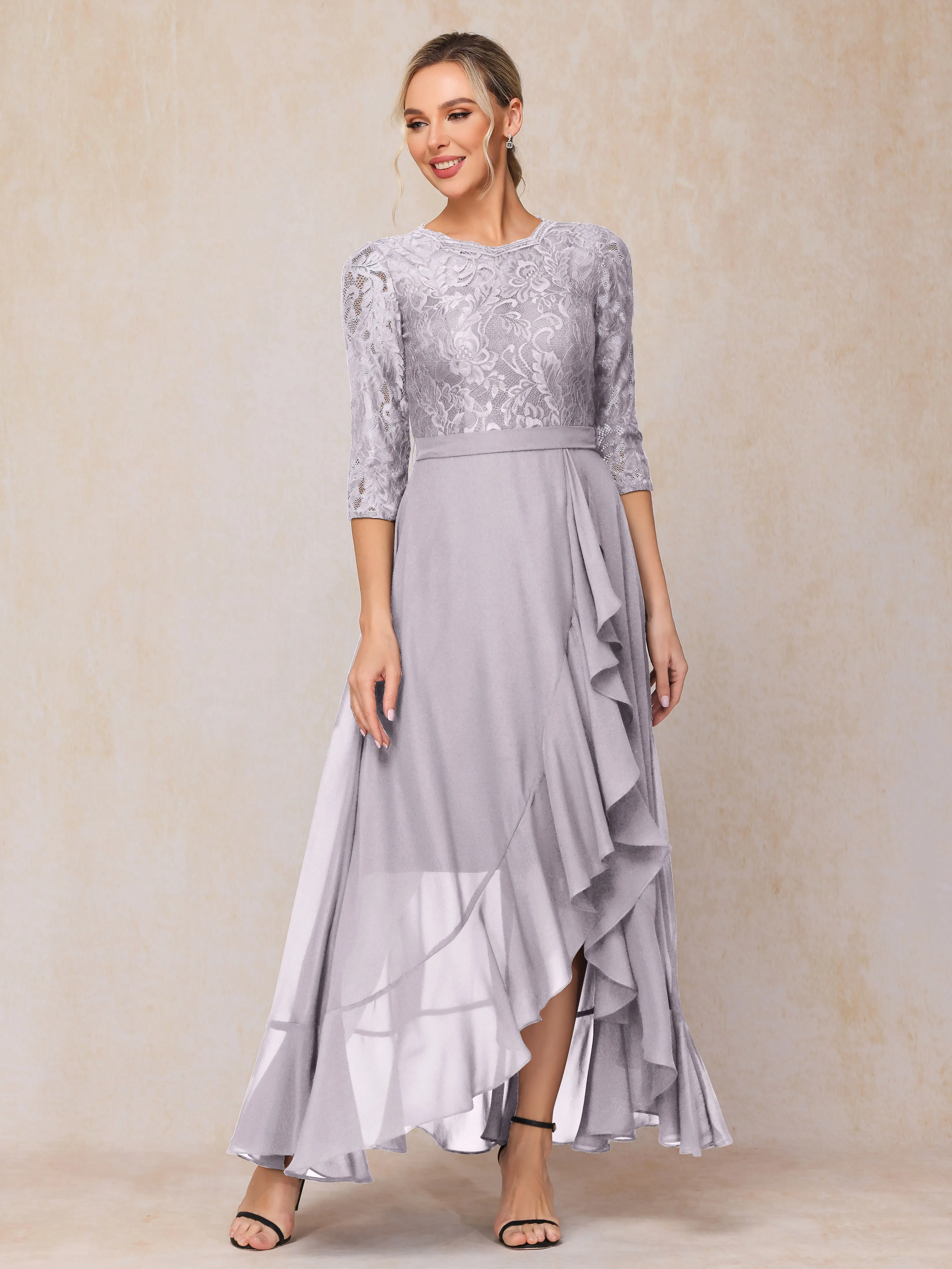 Asymmetrical 3/4 Length Sleeves Ruffles Long Chiffon Mother of the Bride Dresses