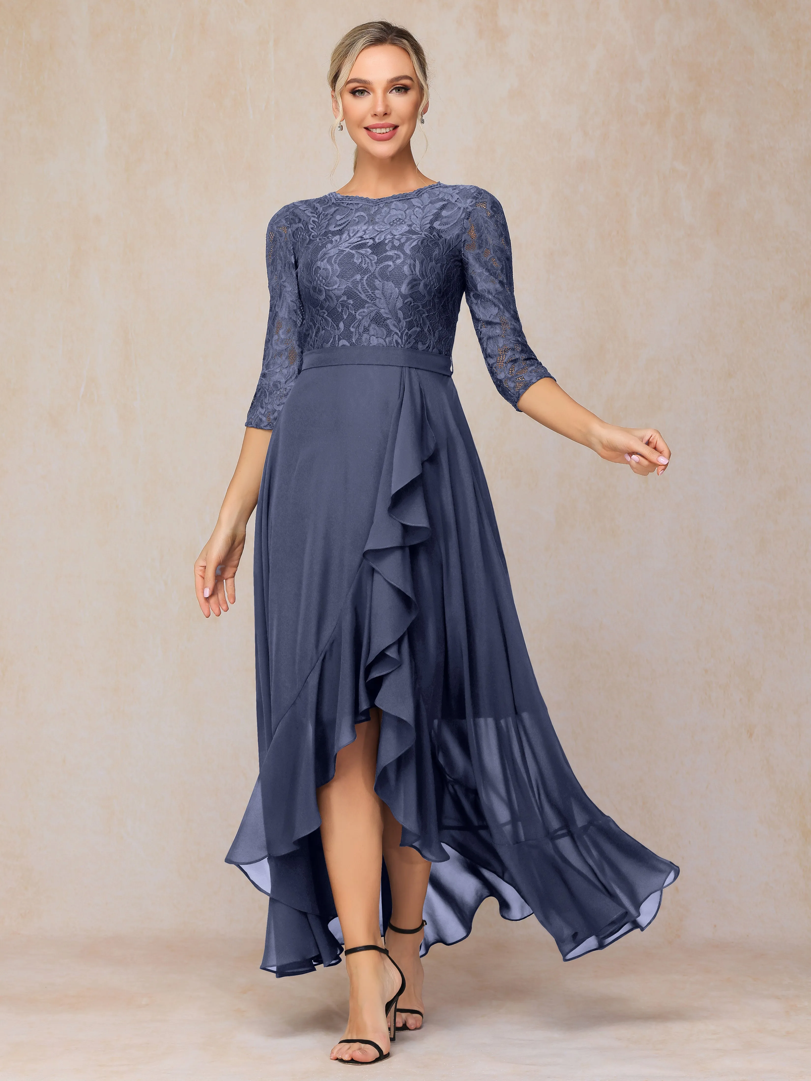 Asymmetrical 3/4 Length Sleeves Ruffles Long Chiffon Mother of the Bride Dresses