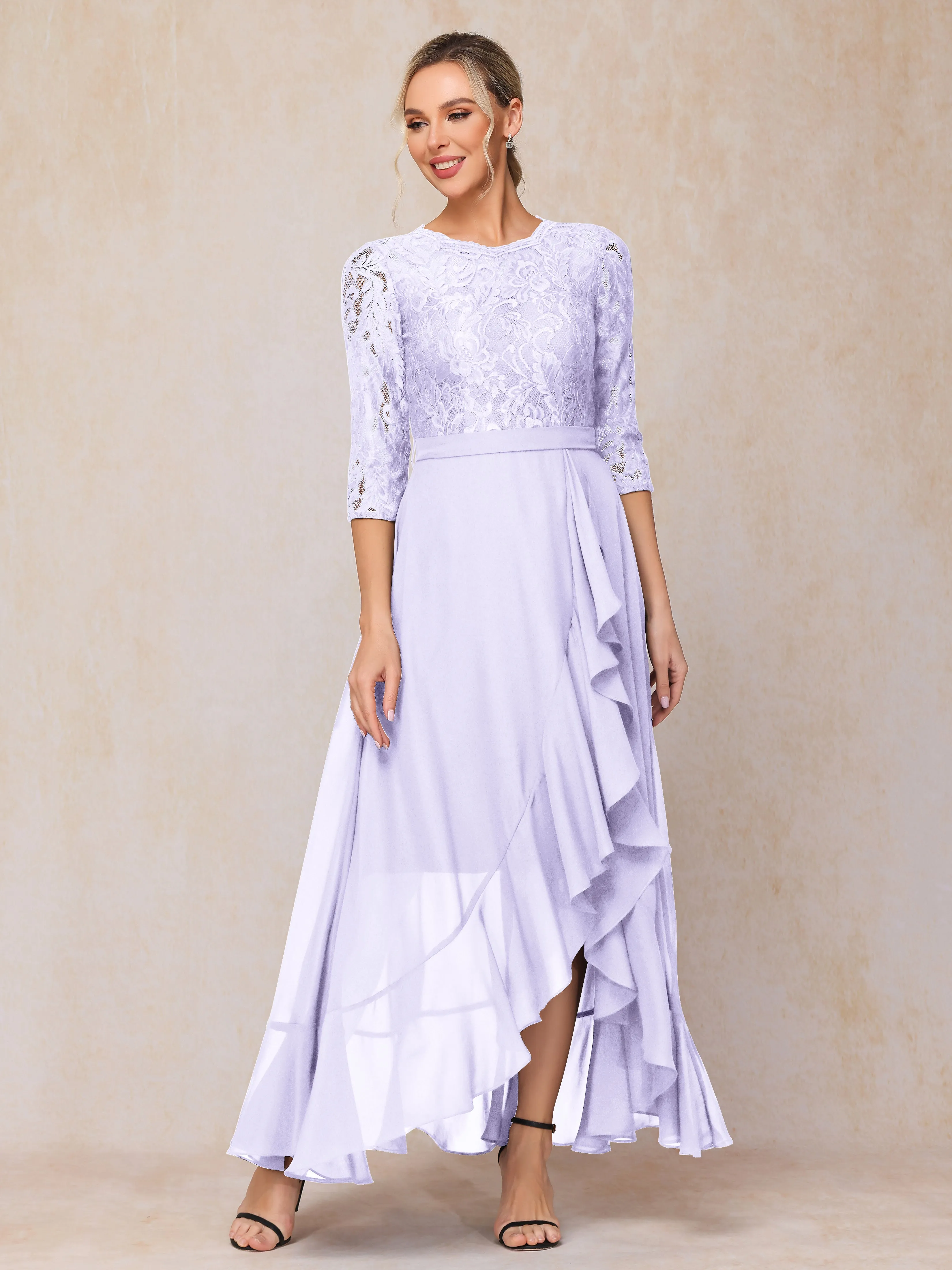 Asymmetrical 3/4 Length Sleeves Ruffles Long Chiffon Mother of the Bride Dresses