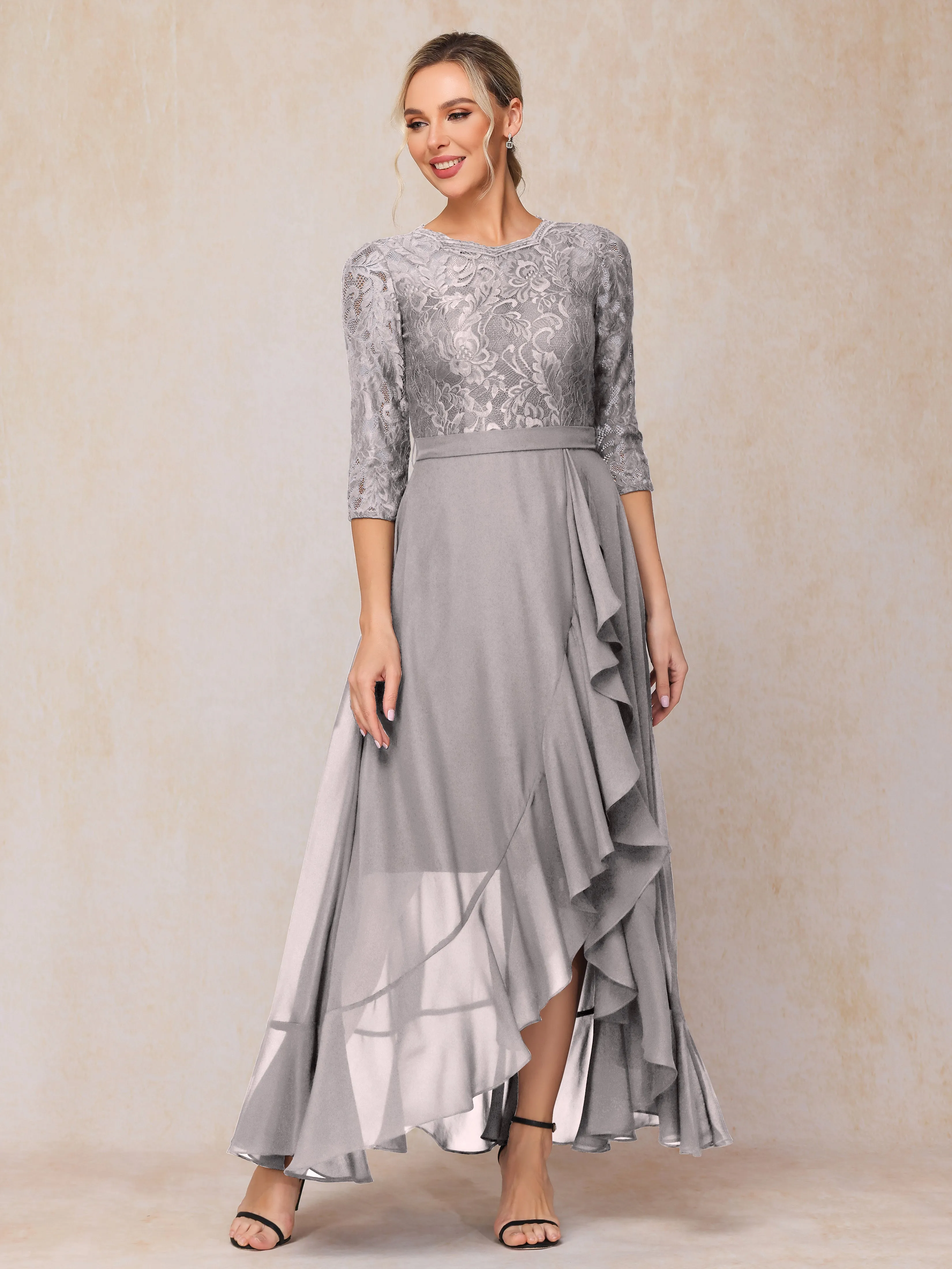 Asymmetrical 3/4 Length Sleeves Ruffles Long Chiffon Mother of the Bride Dresses