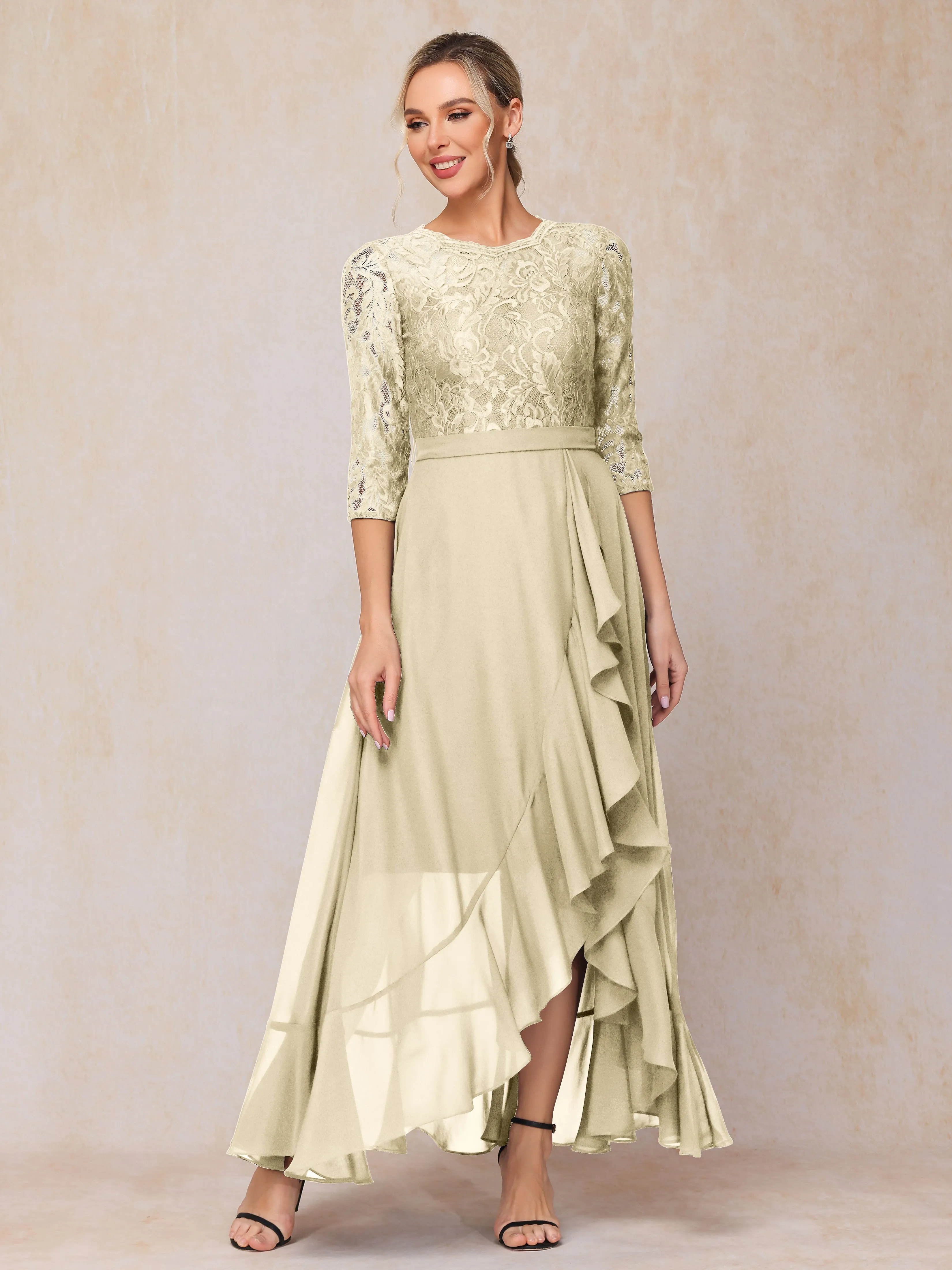 Asymmetrical 3/4 Length Sleeves Ruffles Long Chiffon Mother of the Bride Dresses