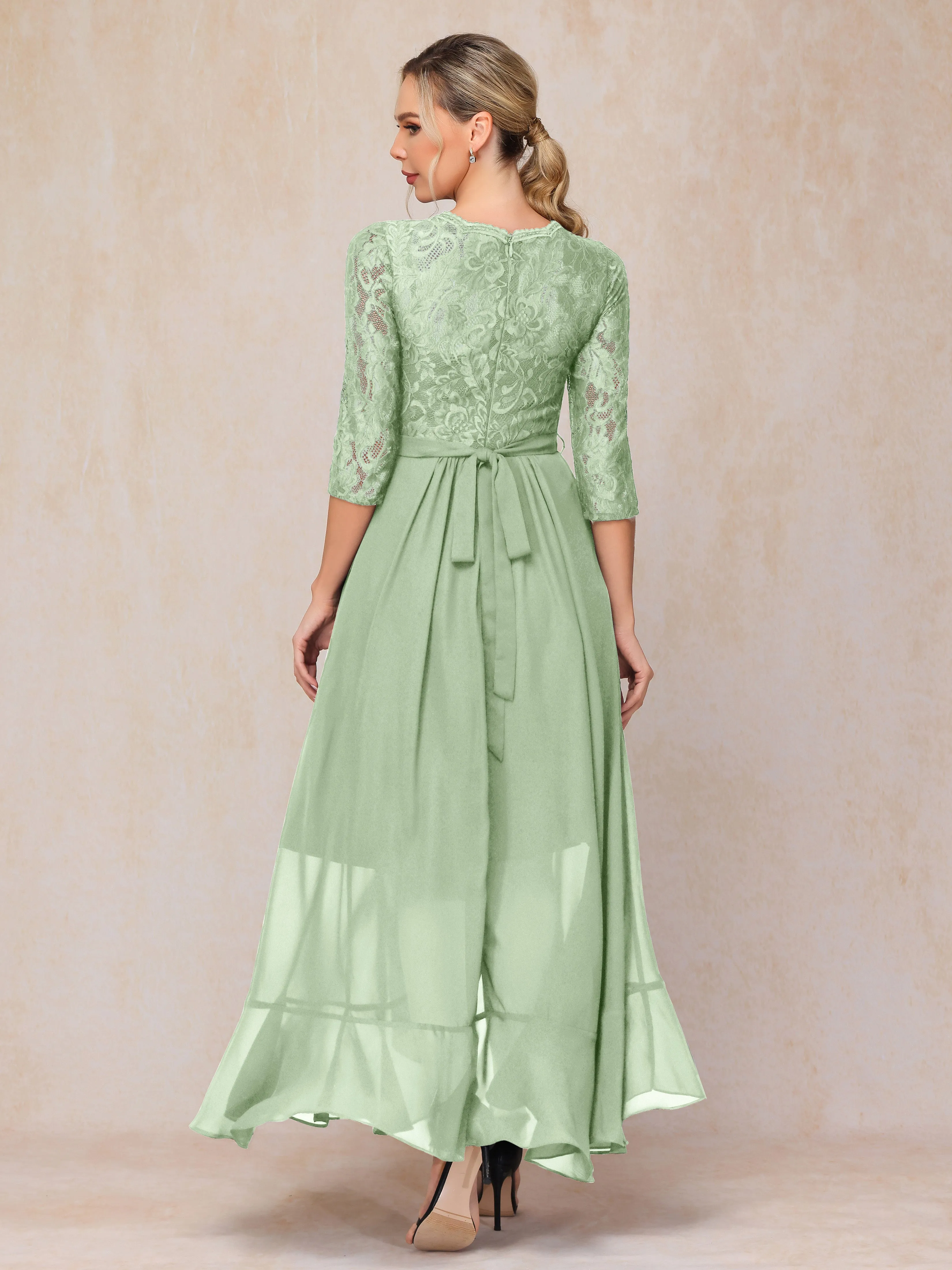 Asymmetrical 3/4 Length Sleeves Ruffles Long Chiffon Mother of the Bride Dresses