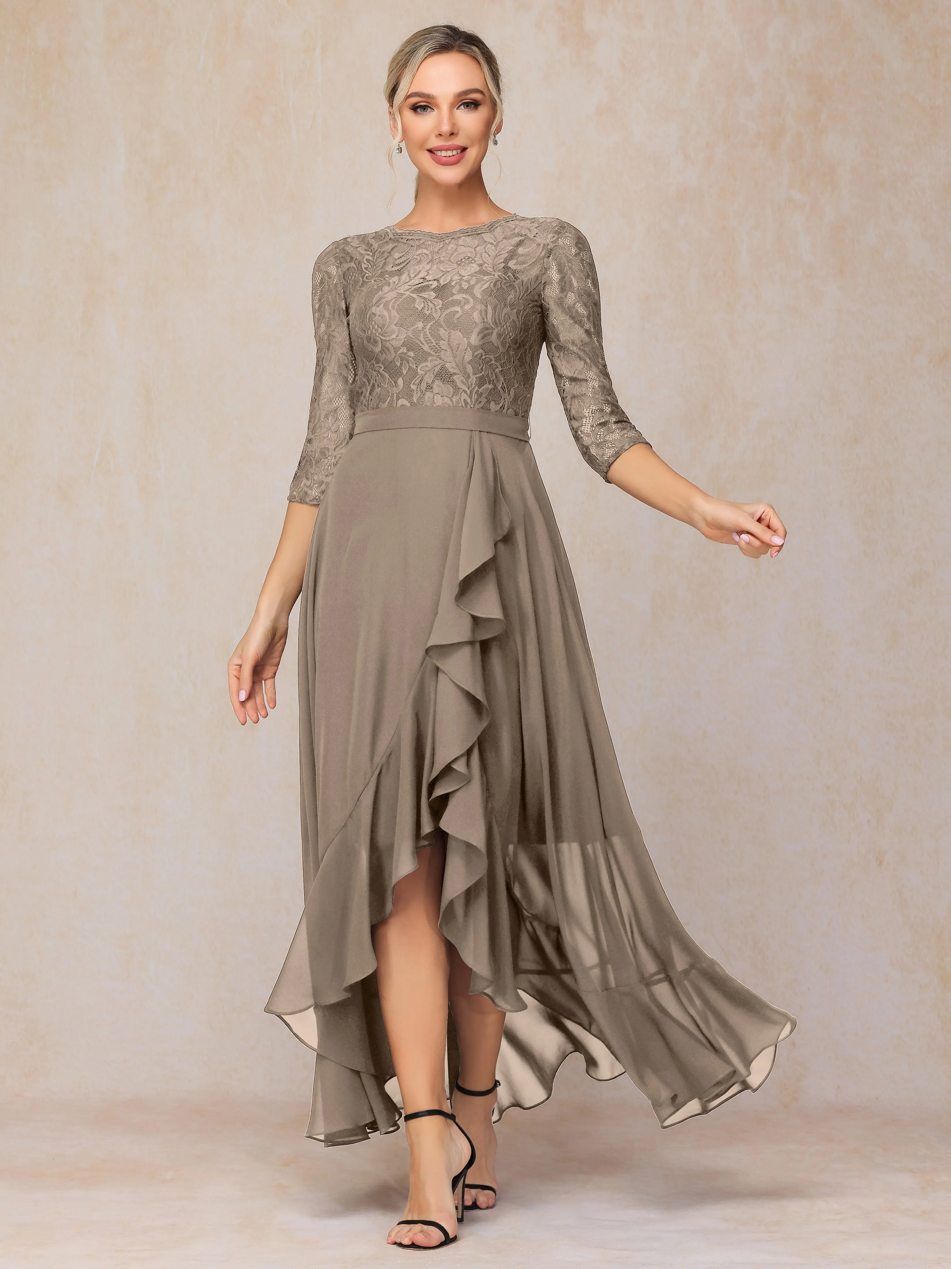 Asymmetrical 3/4 Length Sleeves Ruffles Long Chiffon Mother of the Bride Dresses