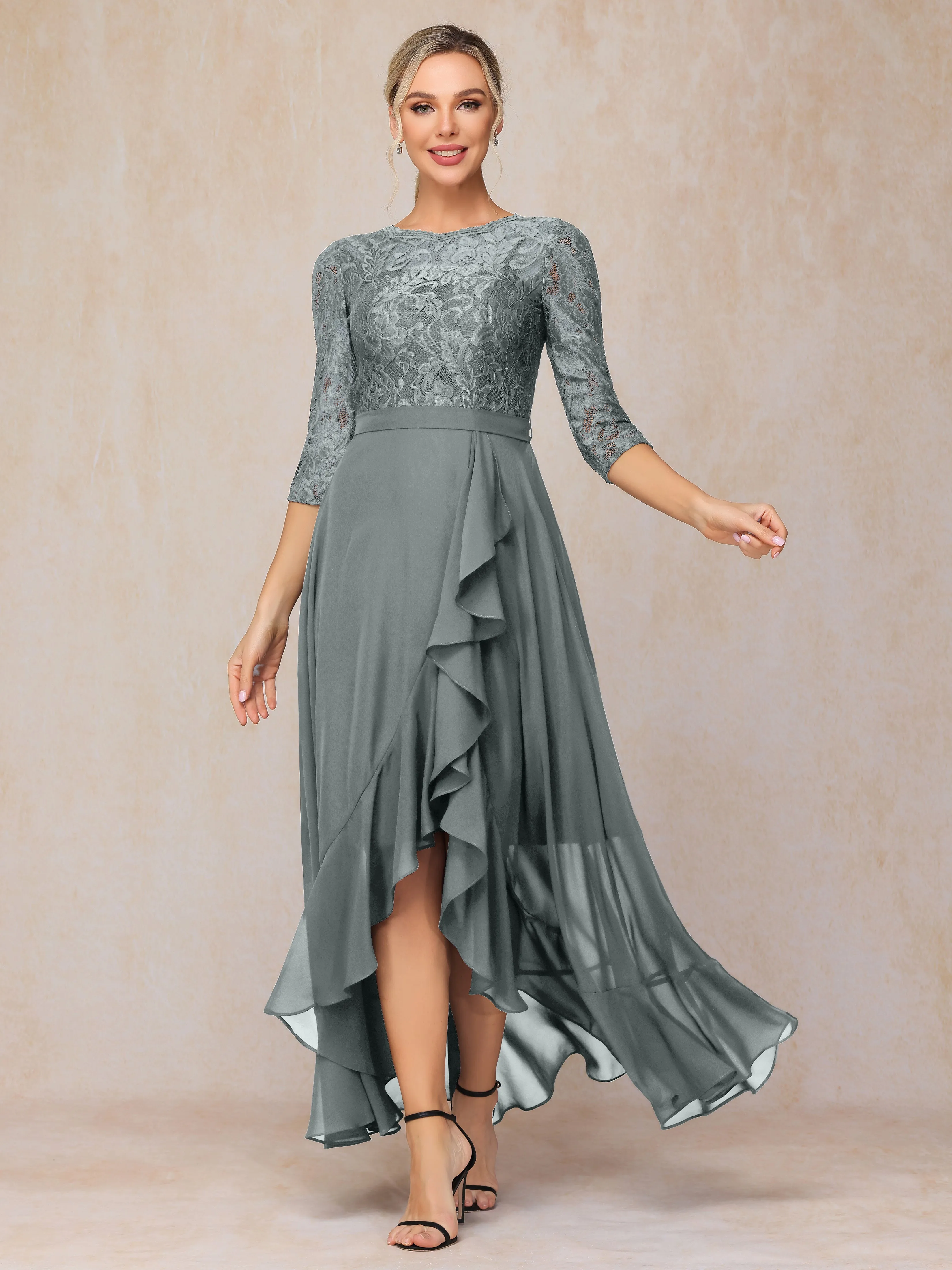 Asymmetrical 3/4 Length Sleeves Ruffles Long Chiffon Mother of the Bride Dresses