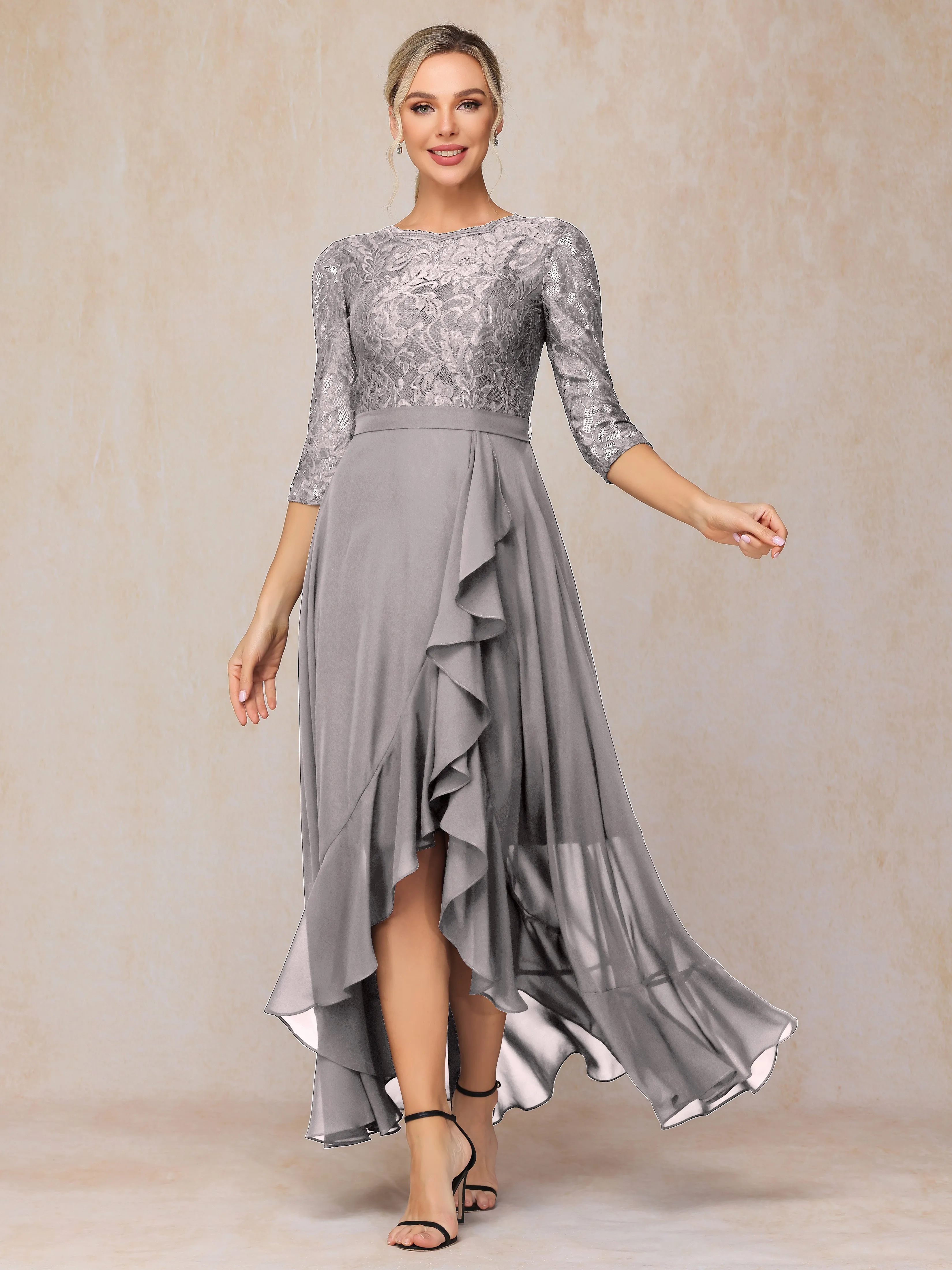 Asymmetrical 3/4 Length Sleeves Ruffles Long Chiffon Mother of the Bride Dresses