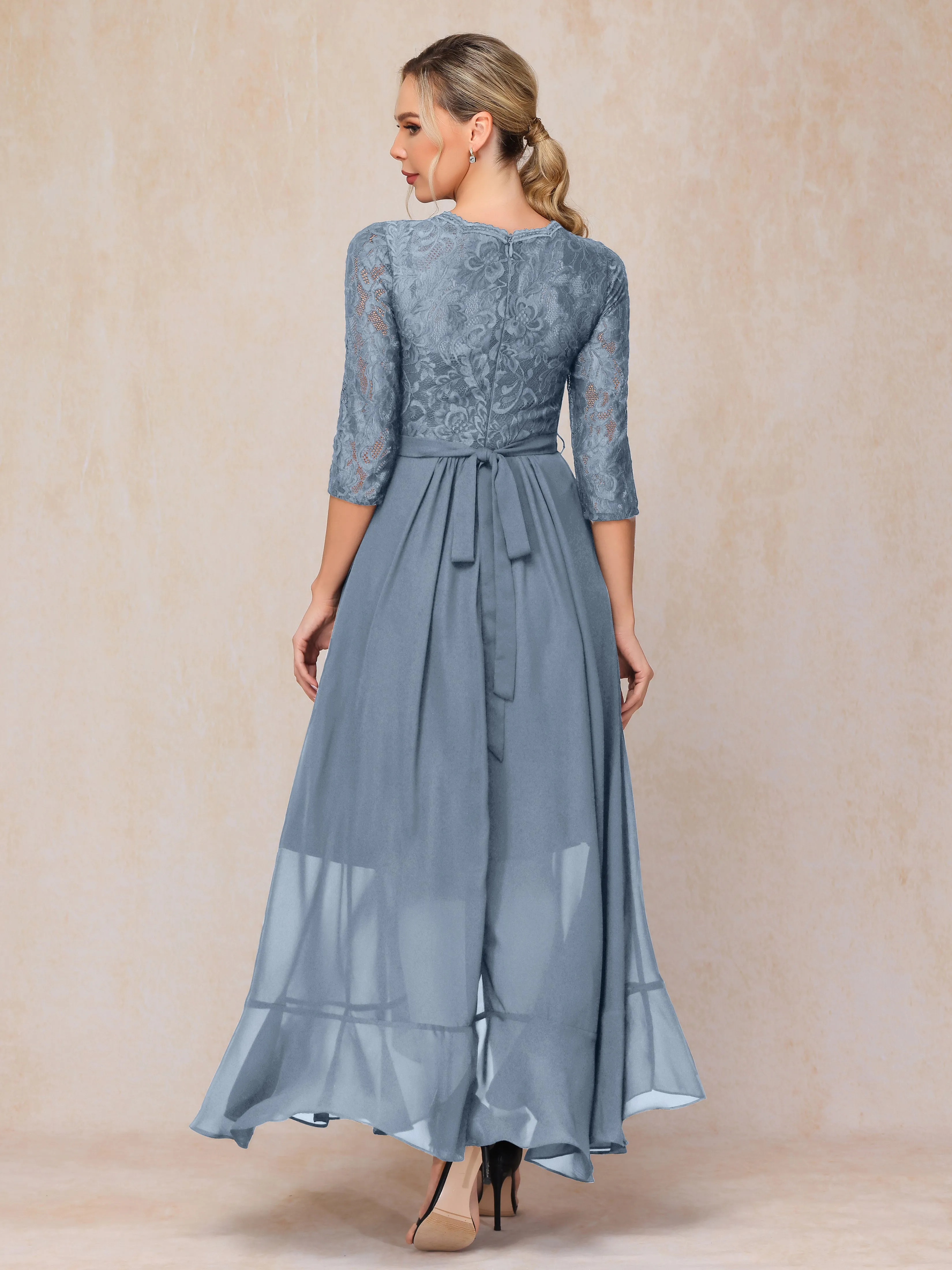 Asymmetrical 3/4 Length Sleeves Ruffles Long Chiffon Mother of the Bride Dresses