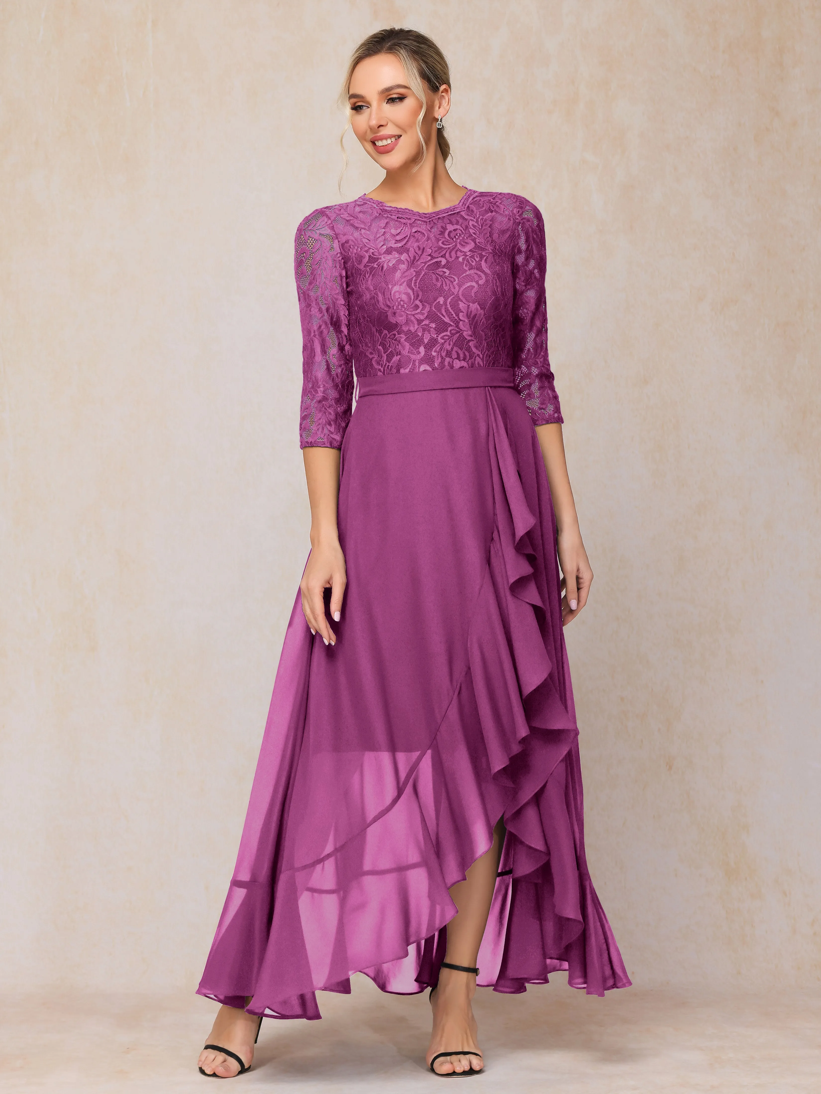 Asymmetrical 3/4 Length Sleeves Ruffles Long Chiffon Mother of the Bride Dresses