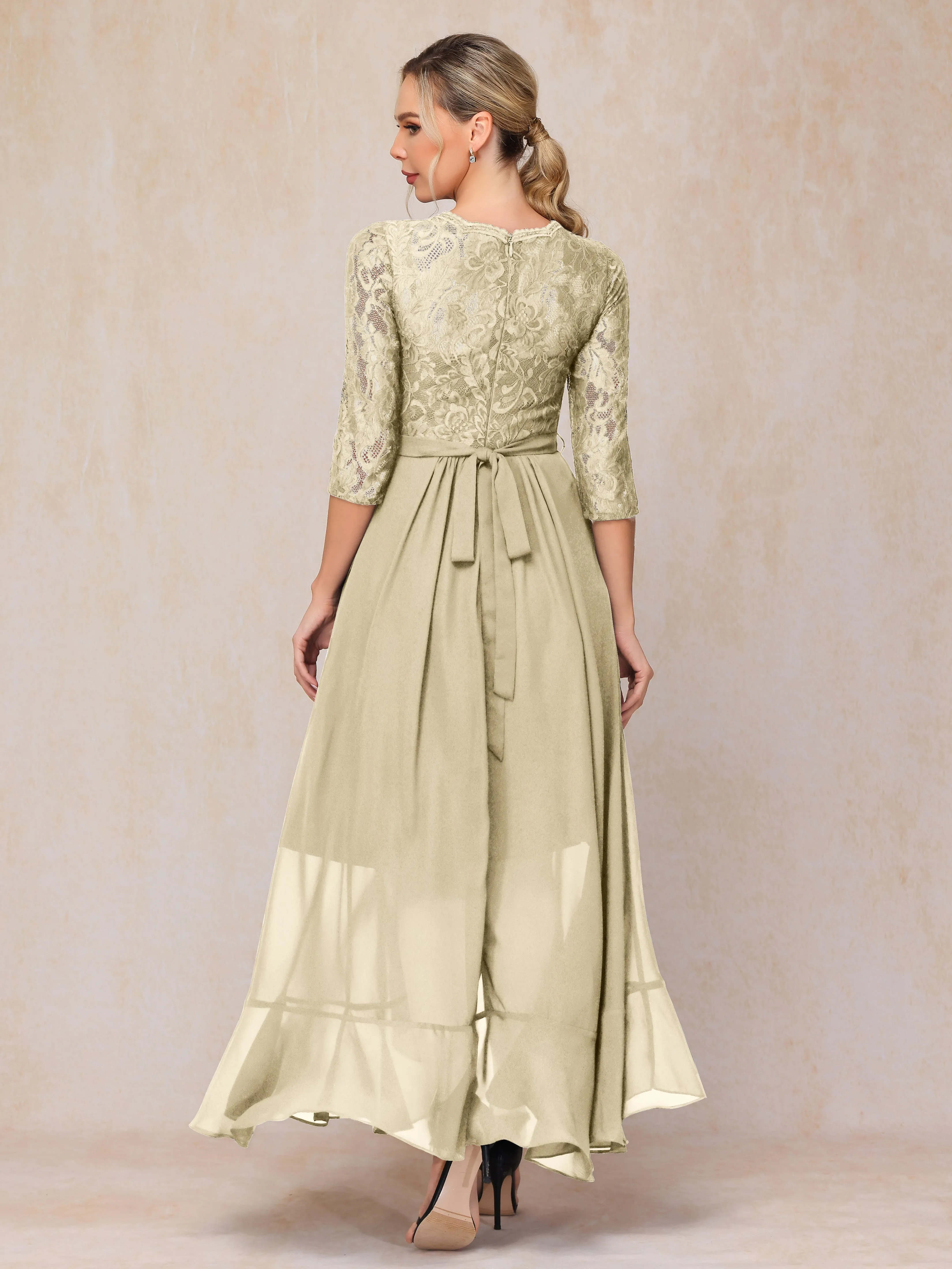 Asymmetrical 3/4 Length Sleeves Ruffles Long Chiffon Mother of the Bride Dresses