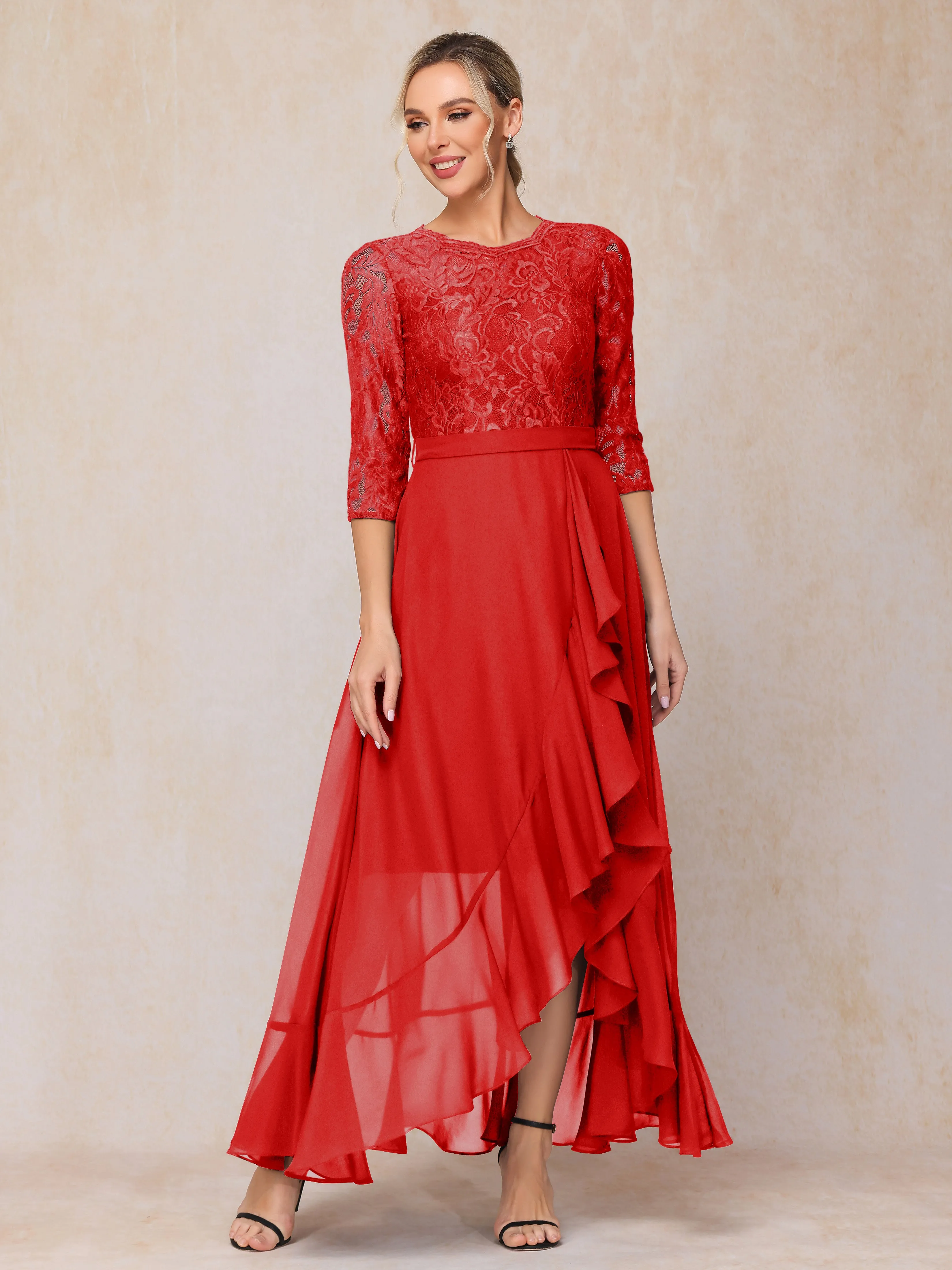 Asymmetrical 3/4 Length Sleeves Ruffles Long Chiffon Mother of the Bride Dresses